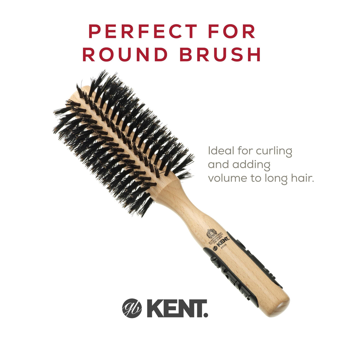 Kent PF03 Round Boar Bristle Hair Brush with Nylon Bristle Mix, Round HairBrush for Blow Drying and Blowout, for Shoulder Length or Short Hair, Rubber