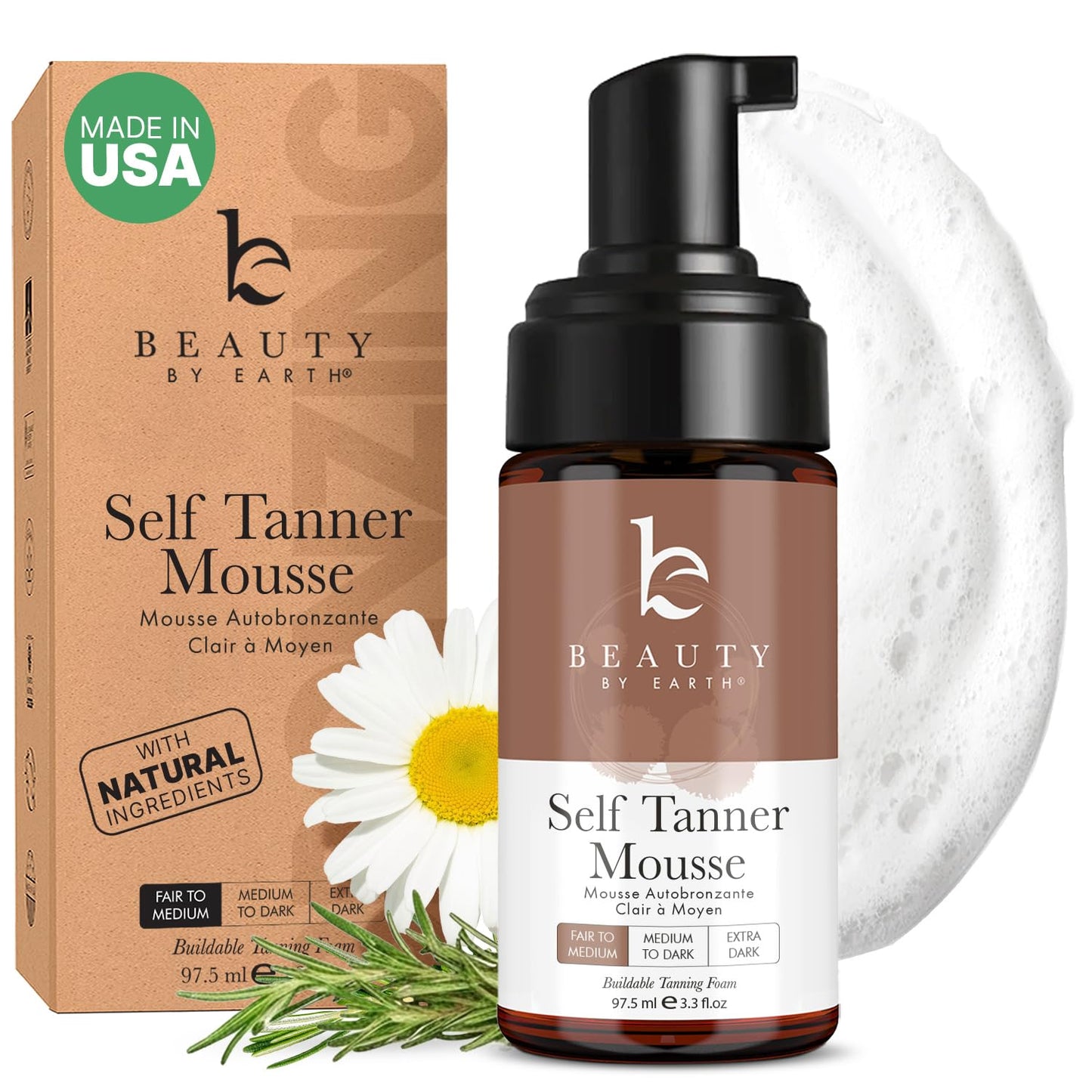 Self Tanner Mousse - USA Made with Natural & Organic Ingredients, Self Tanning Mousse for Fake Tan, Sunless Tanner for Pale Skin, Clear & Non Toxic Beauty & Personal Care Beauty by Earth