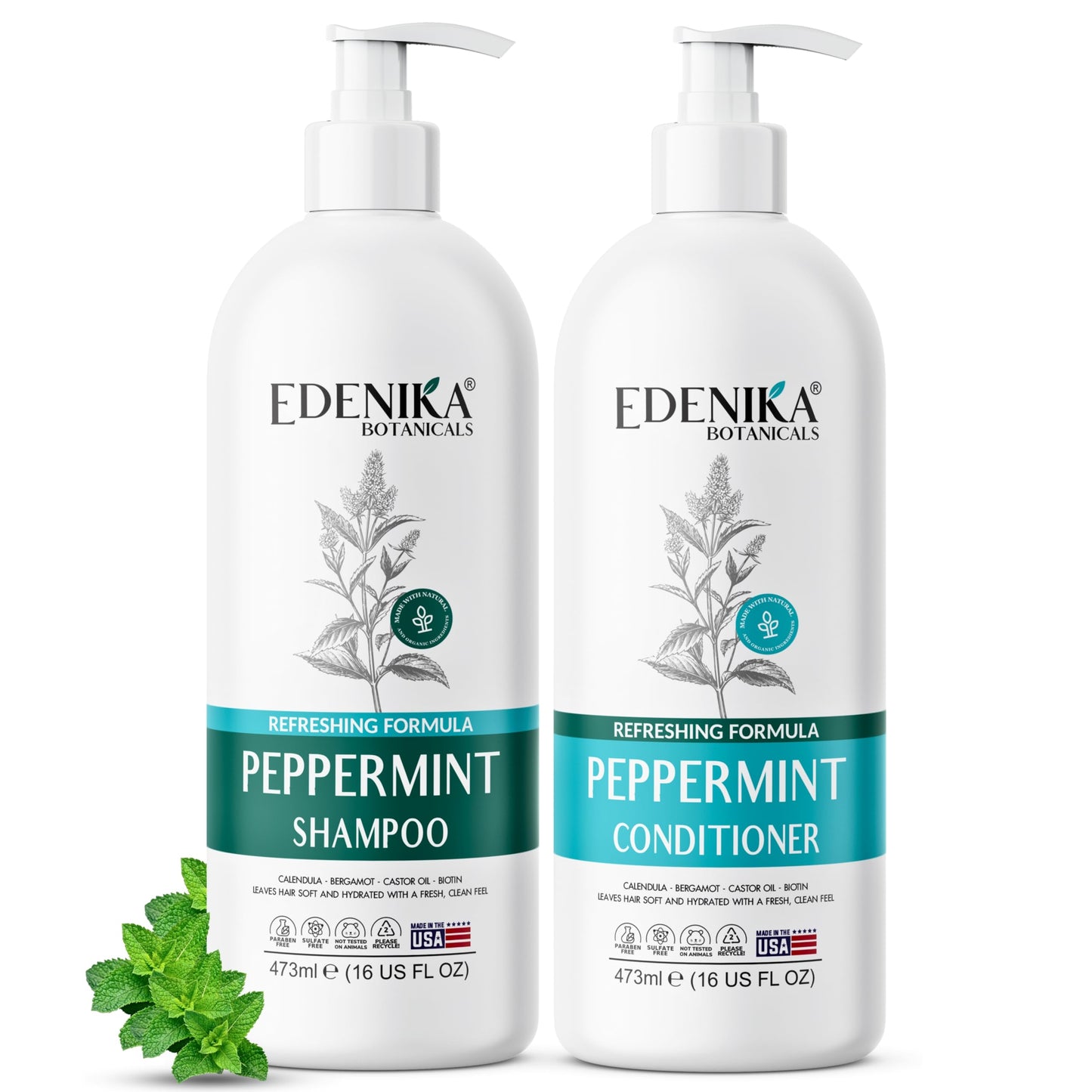 Peppermint Shampoo and Conditioner with Castor Oil & Biotin, Soothes Dry, Itchy Scalp, Strengthens Hair, Reduces Thinning & Hair Loss, Promotes Beauty & Personal Care EDENIKA BOTANICALS