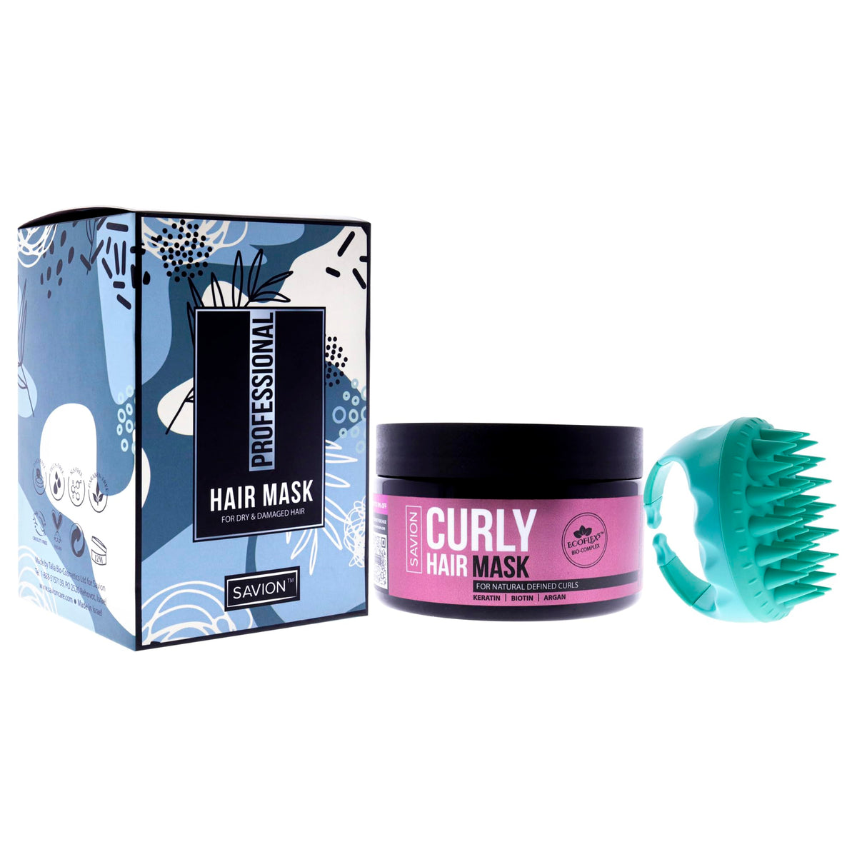 Savion Curly Hair Mask - Bundle for Women - 2 Pc 8.45oz Masque, Scalp Massager