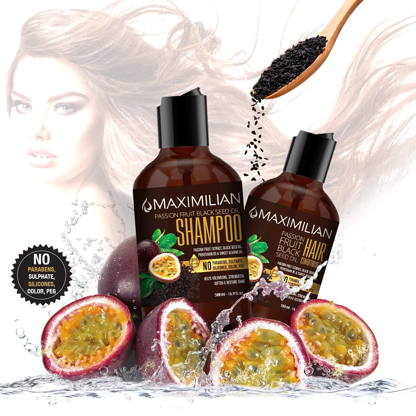 Maximilian Passion Fruit Black Seed Oil Curly Hair Shampoo and Conditioner Set- Extra Volumizing, Strengthing, Moisturizing, Hydration and Shine Beauty & Personal Care MAXIMILIAN