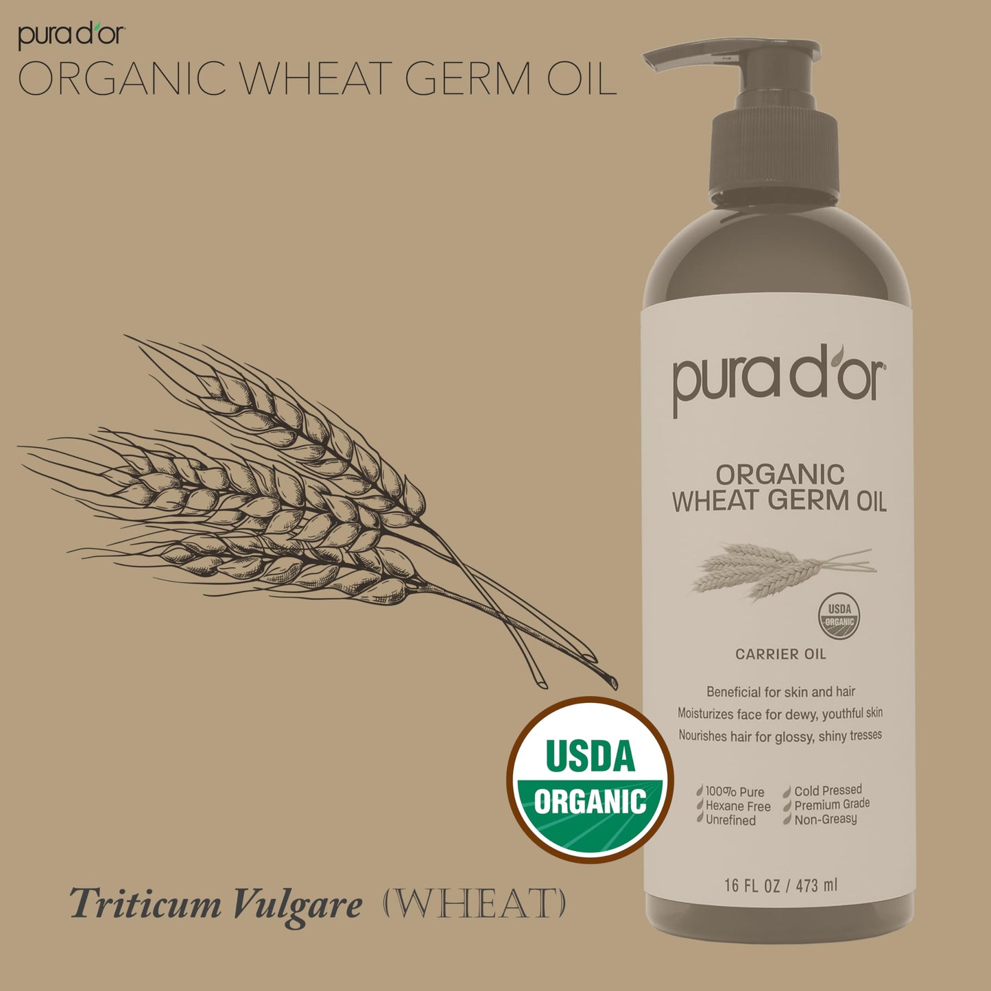 PURA D'OR ORGANIC Wheat Germ Oil (16 Oz x3 = 48 Oz) 100% Pure & Natural USDA Certified Cold Pressed Carrier Oil - Vitamin E Rich, Moisturizing Beauty & Personal Care PURA D'OR