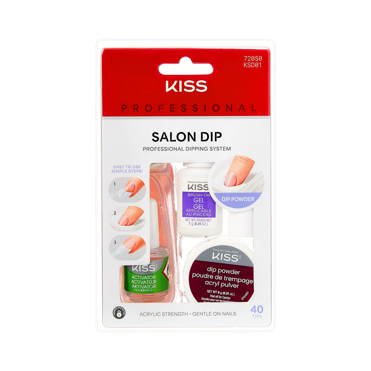 Kiss Salon Dip Professional Dipping System Dip Powder Manicure Kit, Brush-On Gel, Dip Powder, Activator, 2 Brushes, Dipping Tray, Cuticle Stick