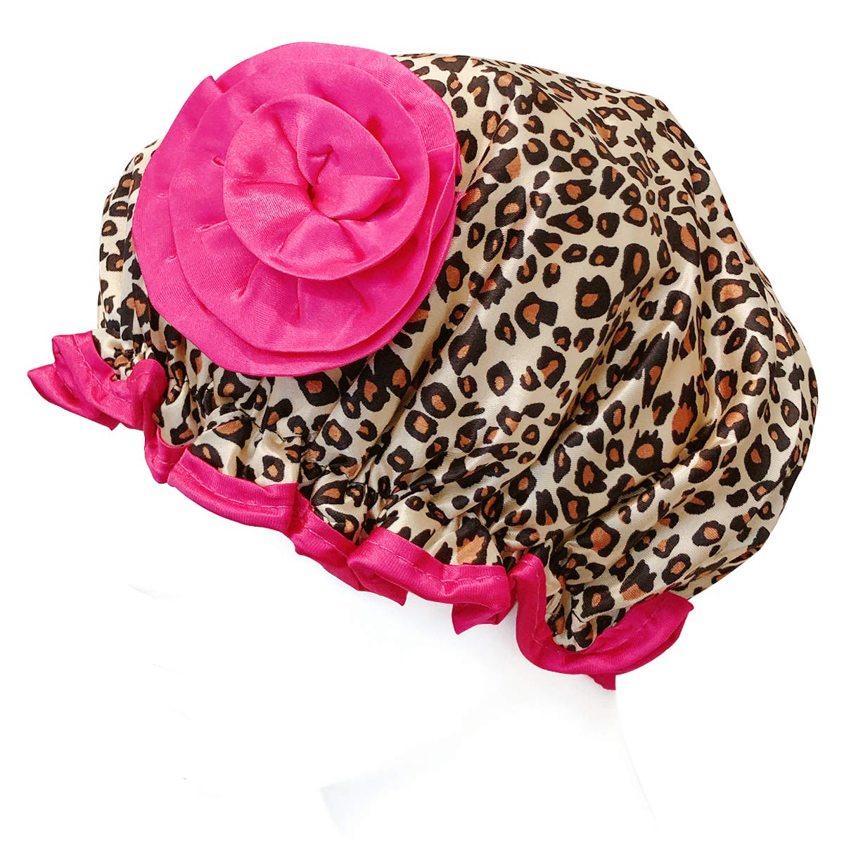 allydrew Stylish Satin Shower Cap - Brown Leopard & Pink Rose Beauty and Personal Care allydrew