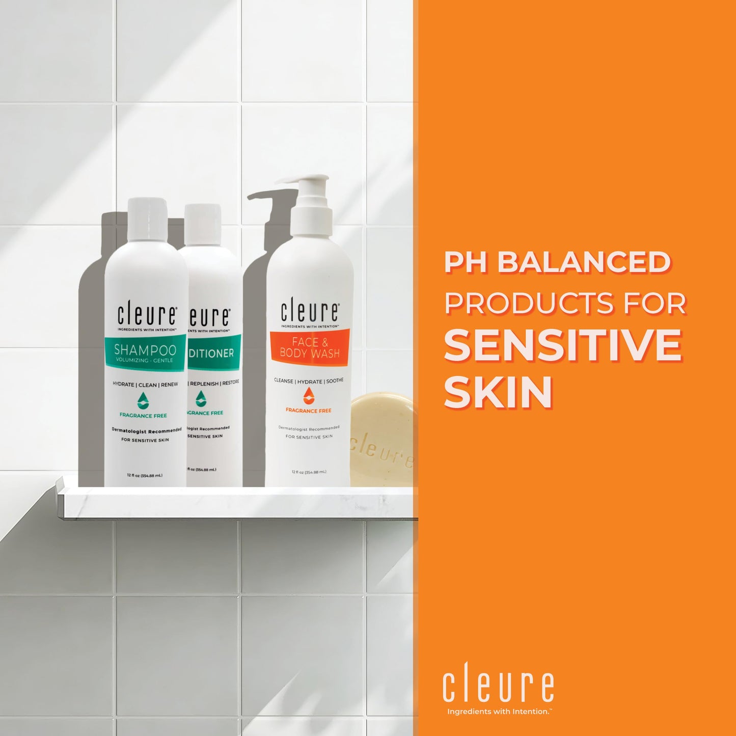 Cleure Fragrance Free Shampoo and Conditioner Set with Body Wash - Hypoallergenic 3 Piece Sulfate Free Hair & Body Care for Sensitive Skin (12 oz Beauty & Personal Care Cleure