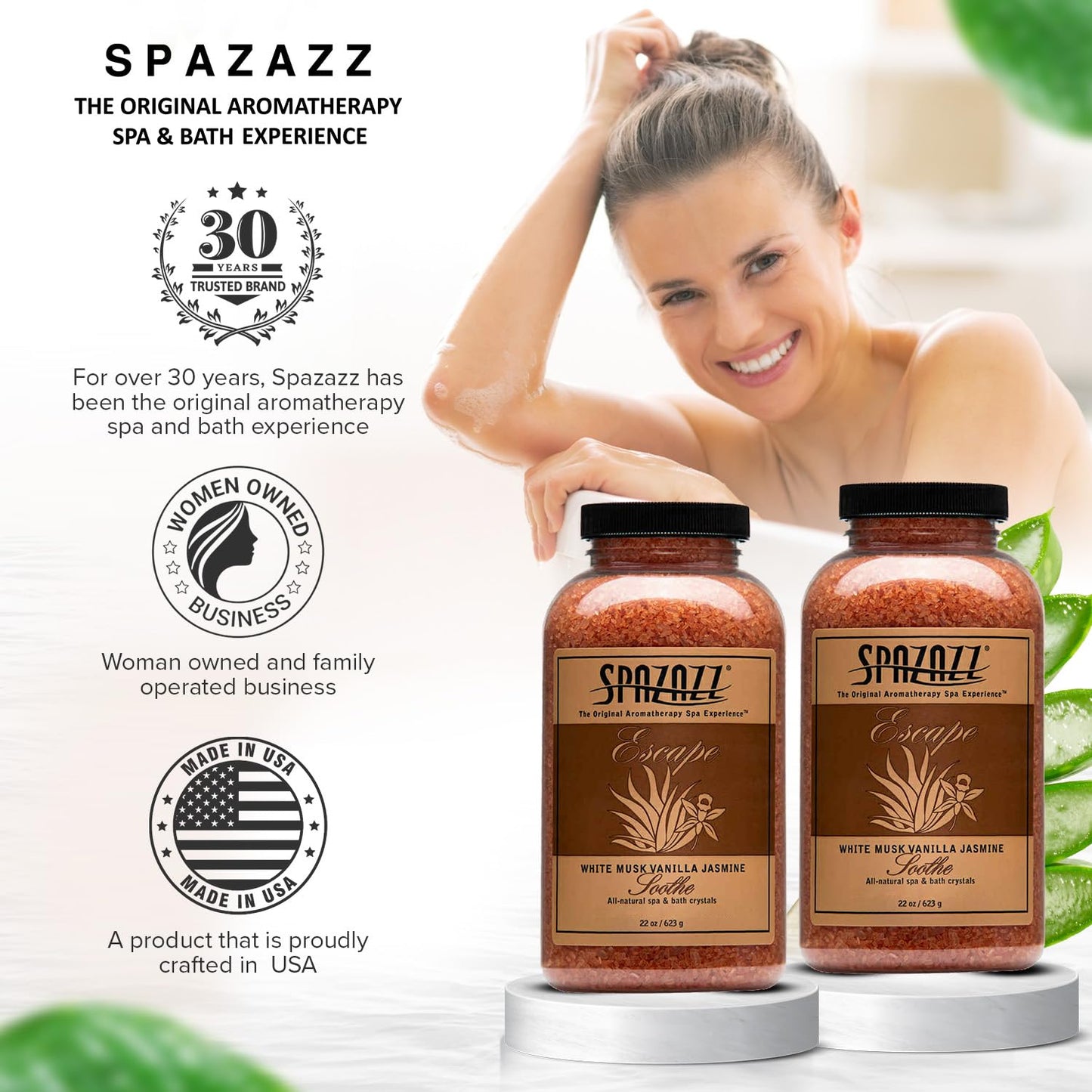 Spazzaz Escape Hot Tub & Spa Bath Salt Aromatherapy Crystals - 22oz White Musk Vanilla Jasmine Scented Bath Salts - Mineral Soaking Salts for Relaxing Beauty and Personal Care Spazazz