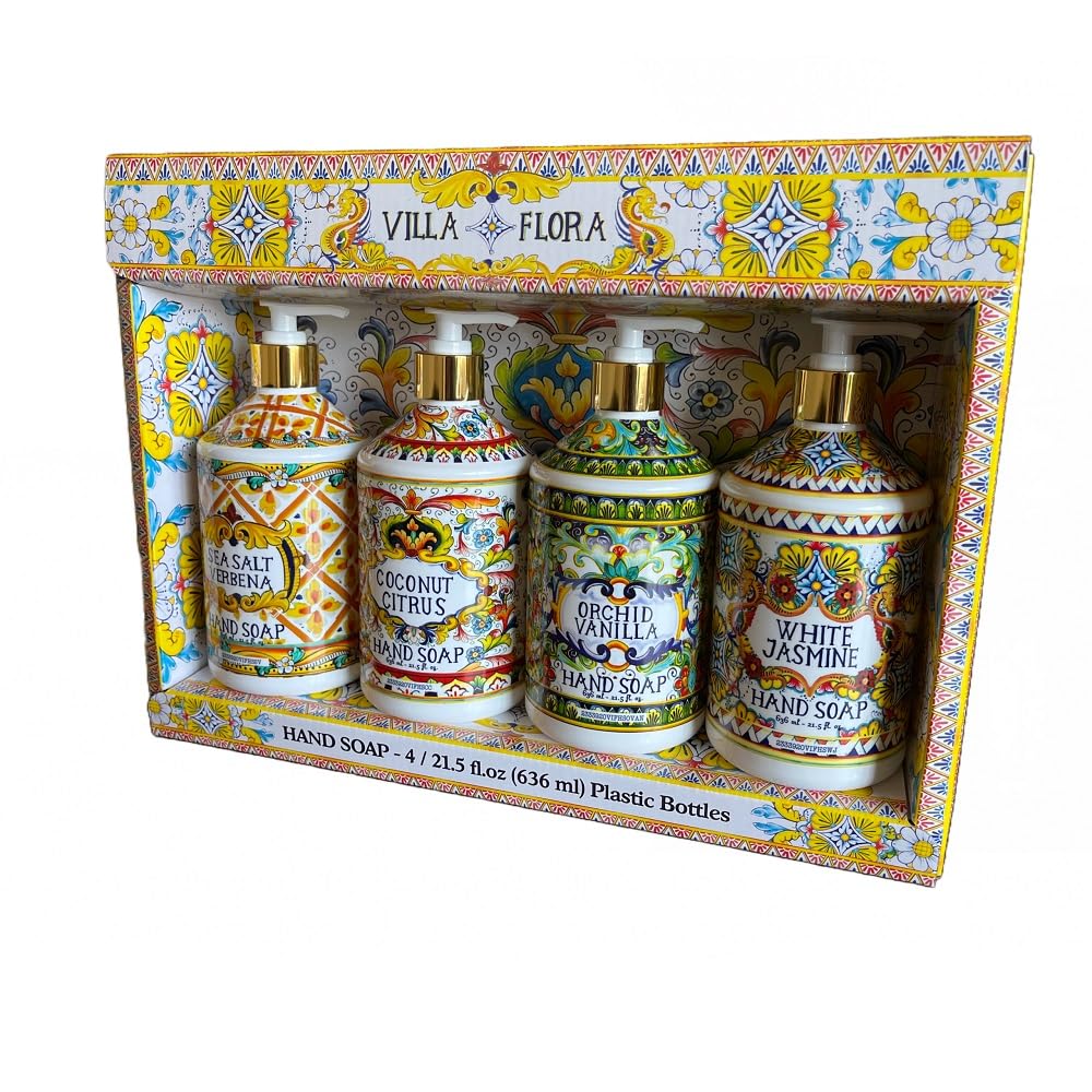 Home and Body Company Hand Soap Villa Flora Collection 16 FL/473ml Bottles infused with Essential Oils (SET OF 4) Sea Salt Verbena, Coconut Citrus Beauty & Personal Care Home & Body Company