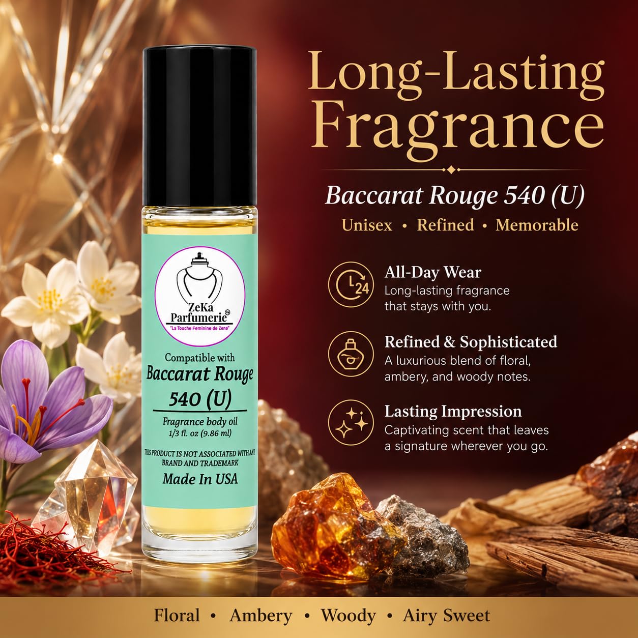 ZEKA PARFUMERIE Compare to Aroma and Compatible with Baccarat Rouge 540 for Woman and Men Fragrance Body Oil on 1/3 oz (9.86ml) size Roll-On Botlle Beauty & Personal Care ZEKA PARFUMERIE