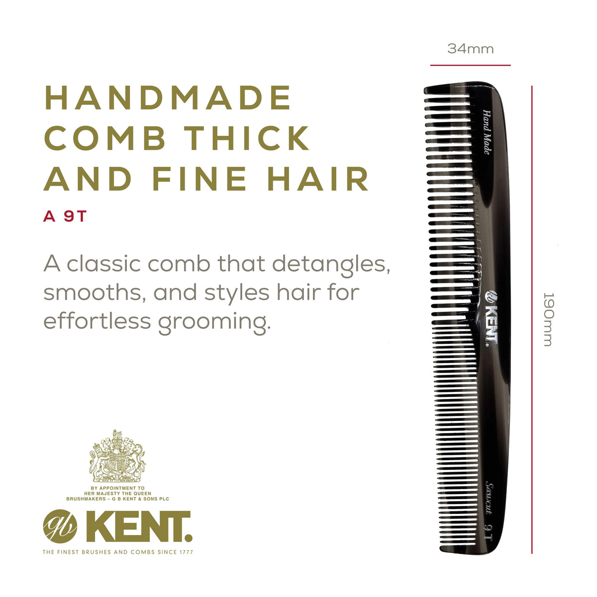 Kent 9T Black Graphite Fine Tooth and Wide Tooth Detangler Comb - Large Handmade Dressing Comb for Wet Hair and Durable Grooming, Hand Polished,