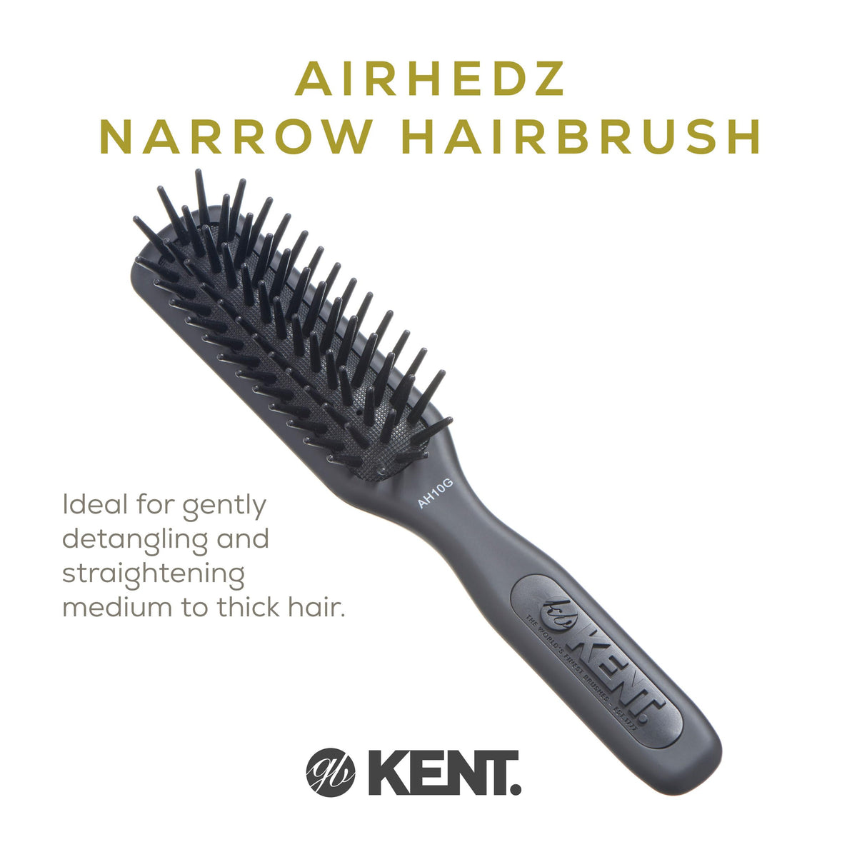 Kent AH10G Airhedz Pro Narrow Pin Hair Brush Narrow Cushion Paddle Brush - Taming Fat Pins, Detangling Long Thick and Curly Hair, Scalp Massager and
