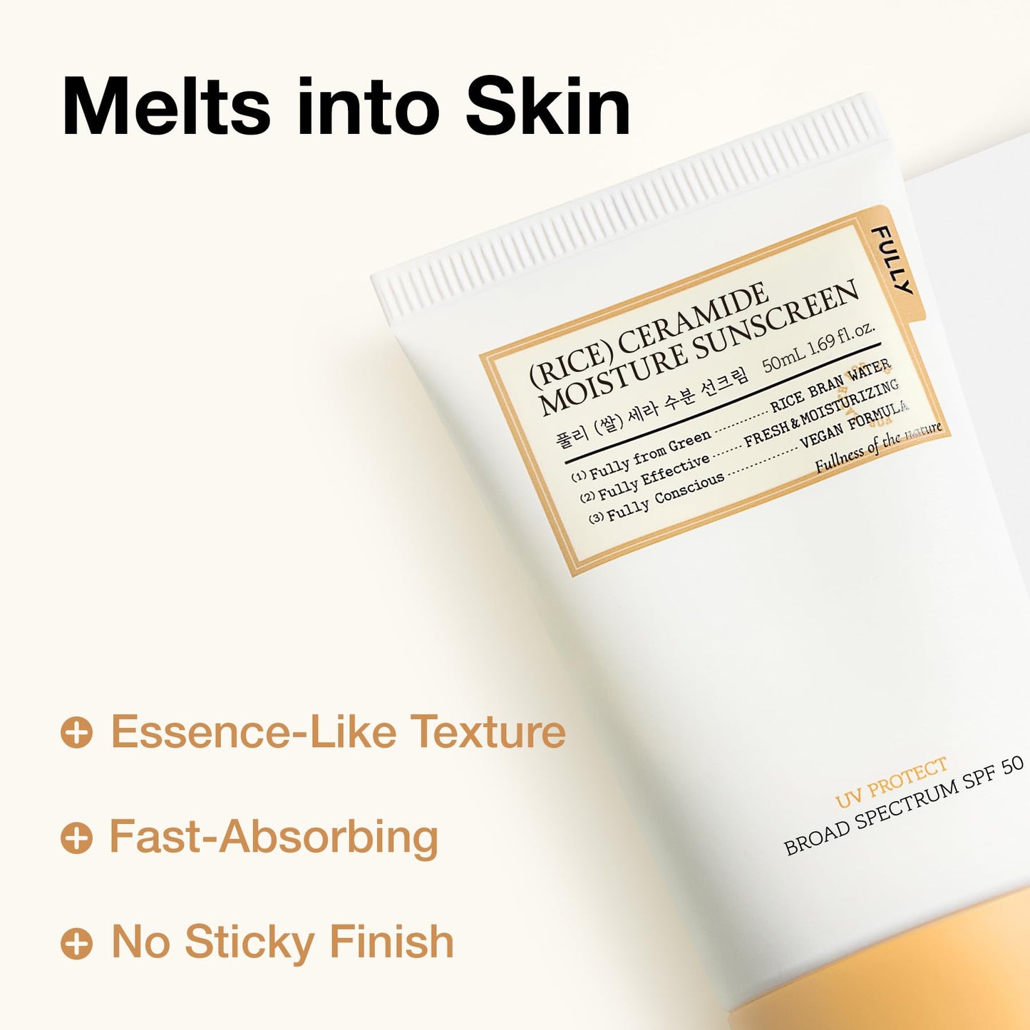 FULLY Rice Ceramide Moisture Sunscreen with Panthenol, SPF 50 Broad Spectrum, Korean Sunscreen for All Skin Types, No White Cast, Lightweight Beauty and Personal Care FULLY