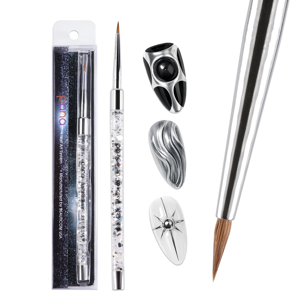 PANA 3D Kolinsky Nail Art Brush - Silver Glitter Handle, Size 2 - Acrylic Nail Art Sculpture Brush for Manicures Pedicure Salon Professional or
