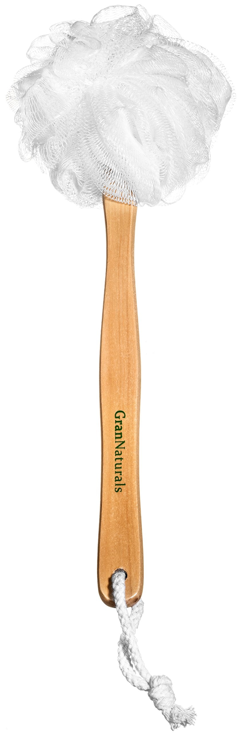 Shower Loofah on a Stick Body & Back Scrubber - Long Handled Mesh Bath Sponge Pouf Luffa Brush on a Stick with a Wood Handle for Men & Women - Easy Beauty & Personal Care GranNaturals