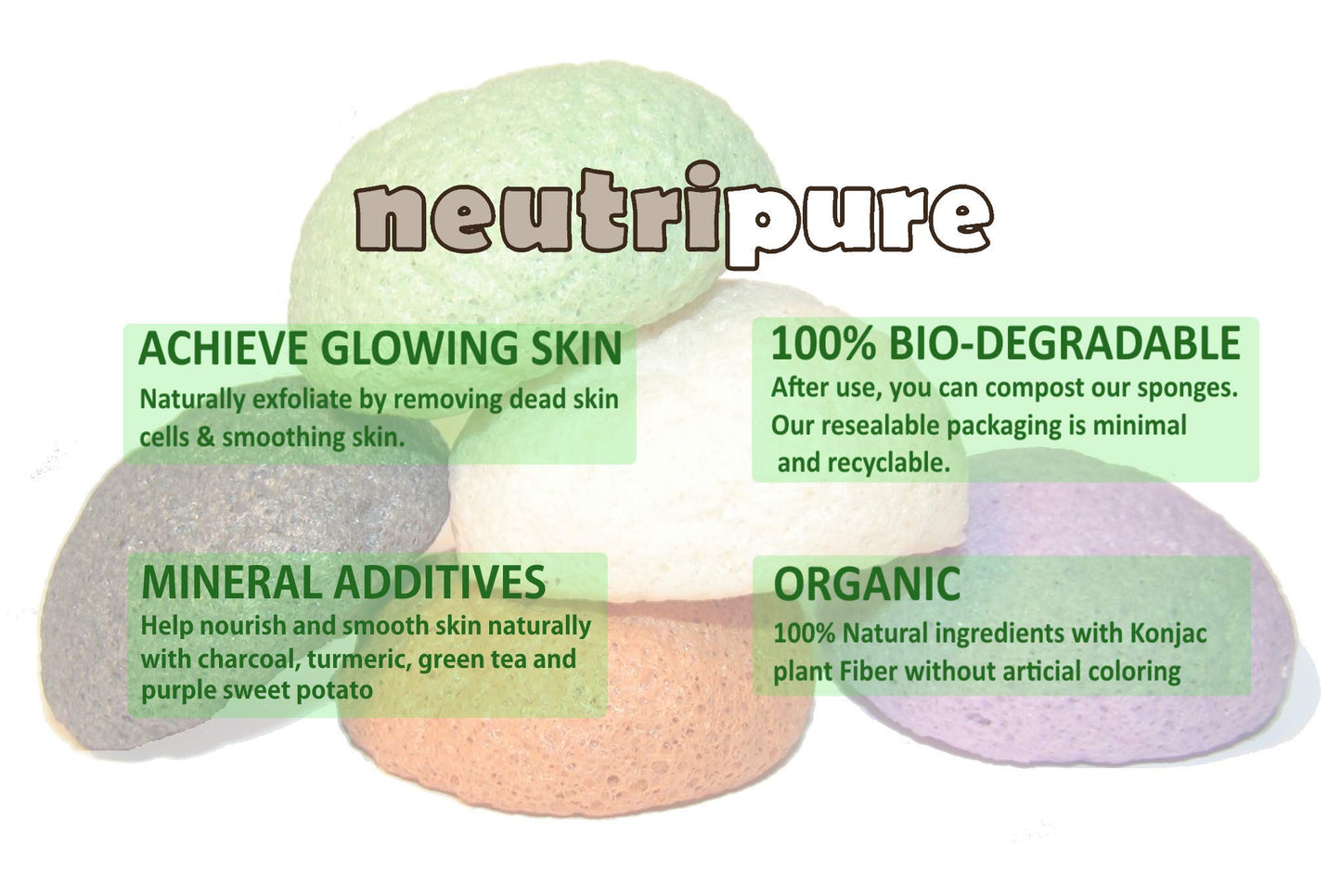 Konjac Sponge Set: Organic Skincare Facial for Natural Exfoliating and Deep Pore Cleansing 5 Piece Sampler Pack Infused with Charcoal, Turmeric, Green Beauty & Personal Care Neutripure