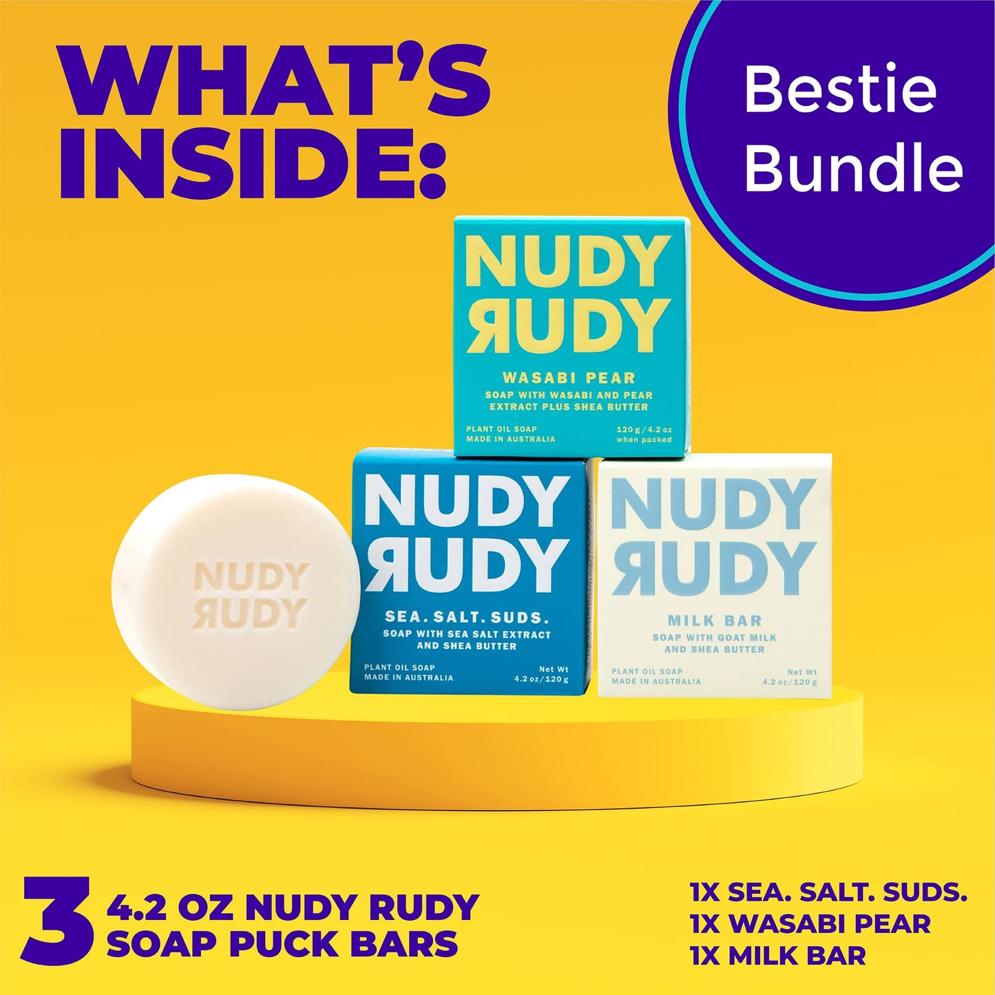 Nudy Rudy Bestie Bundle Bar Soap Pucks, Includes Milk Bar, Sea. Salt. Suds., Wasabi Pear, Made with Organic Shea Butter, Pure Plant Oils, Triple Beauty & Personal Care Nudy Rudy