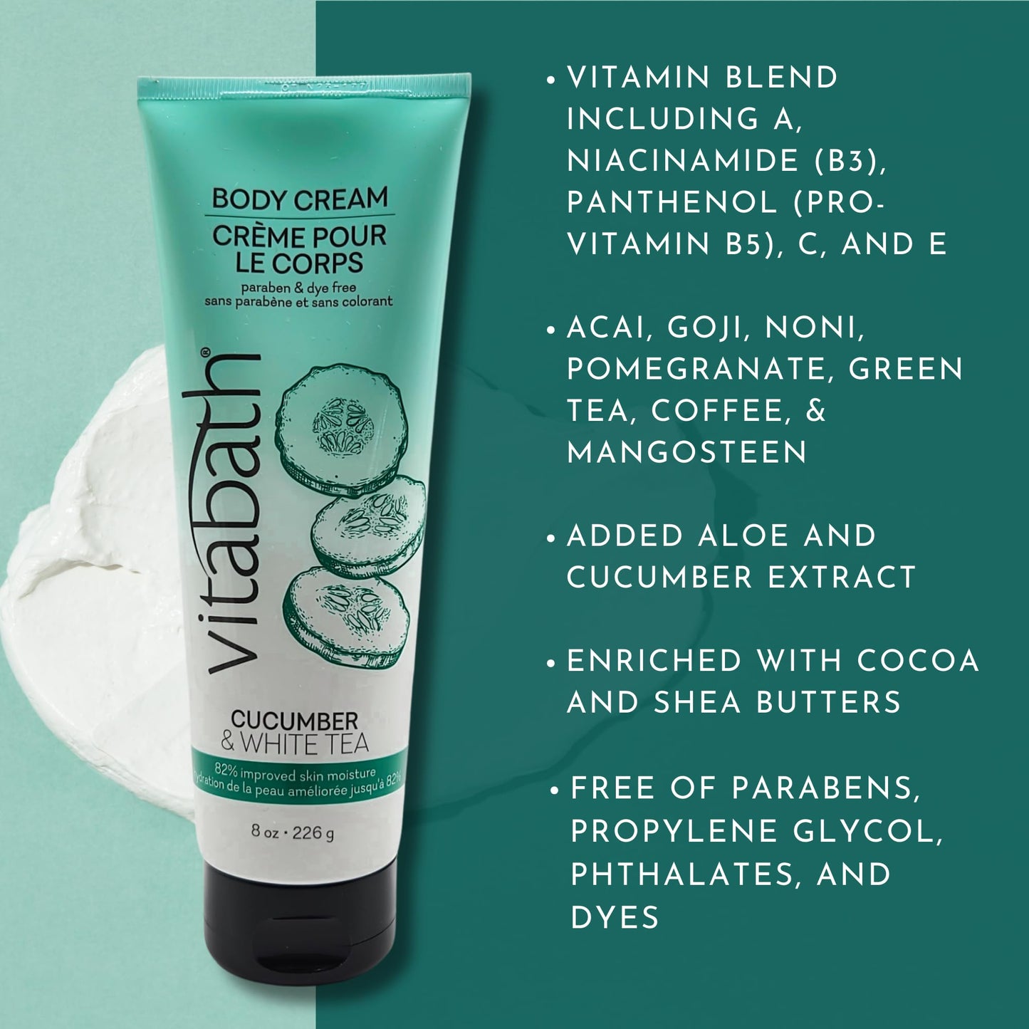 Vitabath Cucumber & White Tea Moisturizing Body Cream - Soothing Hydration Vitamin & Nutrient Skin Care - Replenishing All Over Dry Skin Lotion Beauty & Personal Care Vitabath
