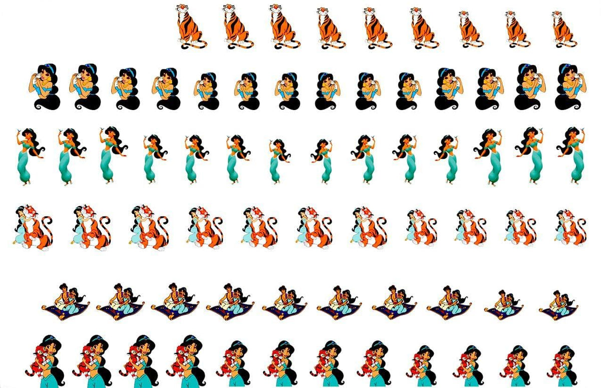 Princess Jasmine and Aladdin clear vinyl Peel and Stick (NOT Waterslide) nail art decals/stickers. Set of 60 by One Stop Nails.