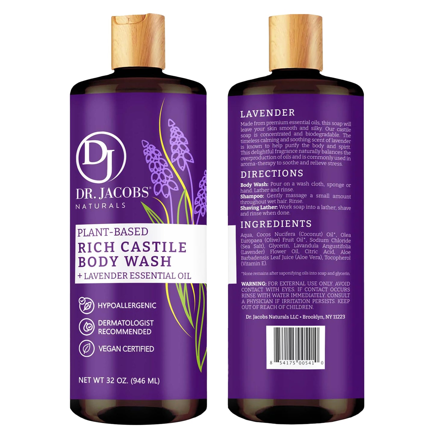 Dr. Jacobs Naturals Castile Lavender All-Natural Body Wash for Moisturizing Dry and Sensitive Skin with Plant-Based Ingredients with Pump - 32 Ounce Beauty & Personal Care DR.JACOBS NATURALS