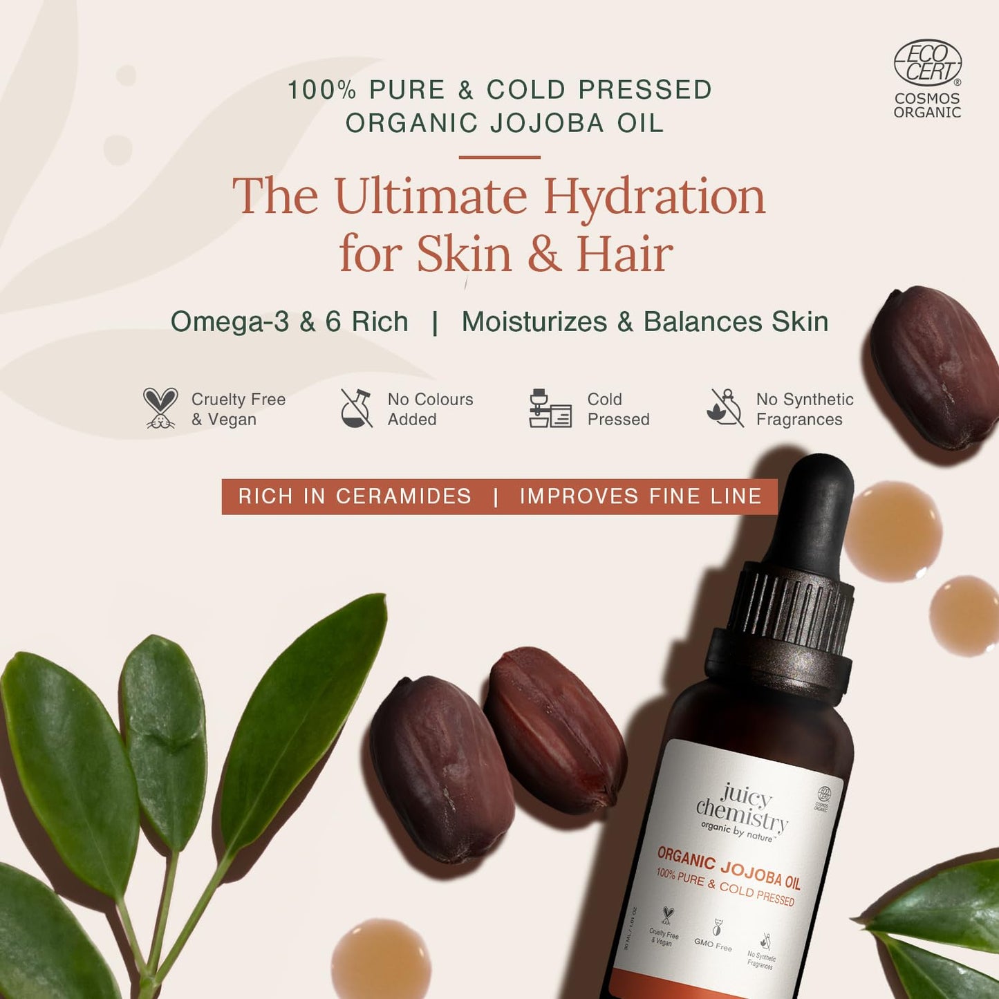 Juicy Chemistry Organic Jojoba Oil, 30 Ml Pure, Cold Pressed & Virgin Carrier Oil For Skin, Hair & Cuticles Naturally Rich In Vitamin E & Ceramides Beauty & Personal Care Juicy Chemistry