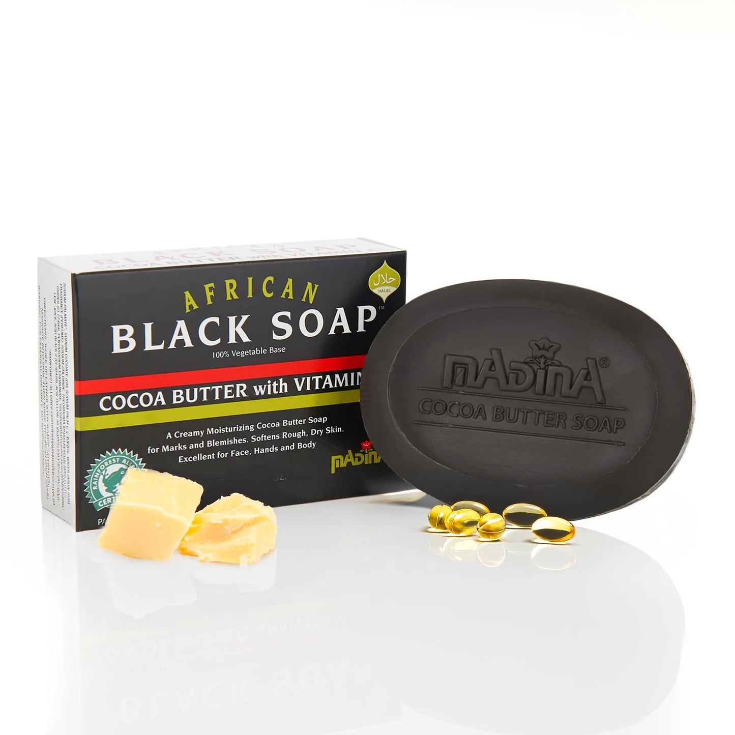 Madina African Black Soap Bar - Cocoa Butter, Vitamin E, Moisturizing, Skin-Restoring, Marks & Blemishes, Face & Body Cleanser, 100% Vegetable-Based Beauty & Personal Care Madina