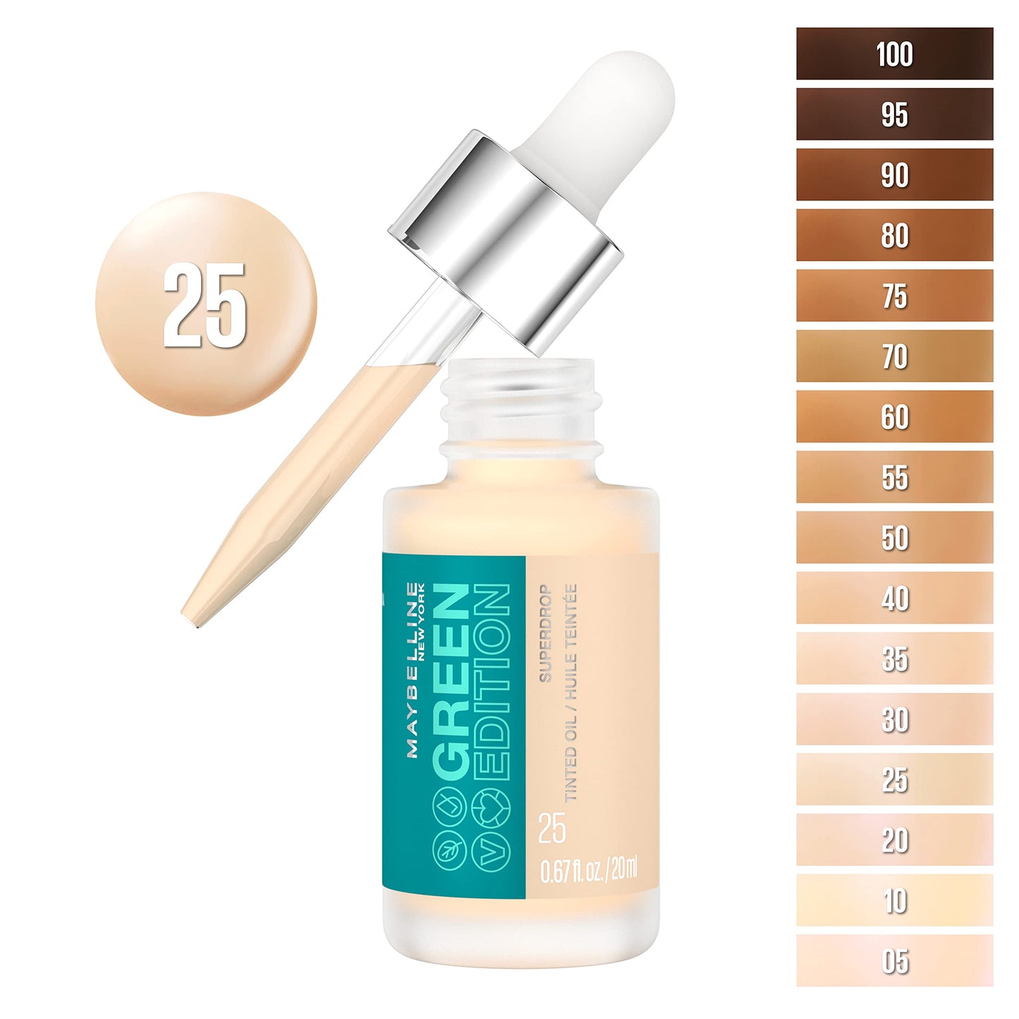 Maybelline Green Edition Superdrop Tinted Oil Base Makeup, Adjustable Natural Coverage Foundation Formulated With Jojoba & Marula Oil, 25, 1 Count Beauty & Personal Care MAYBELLINE