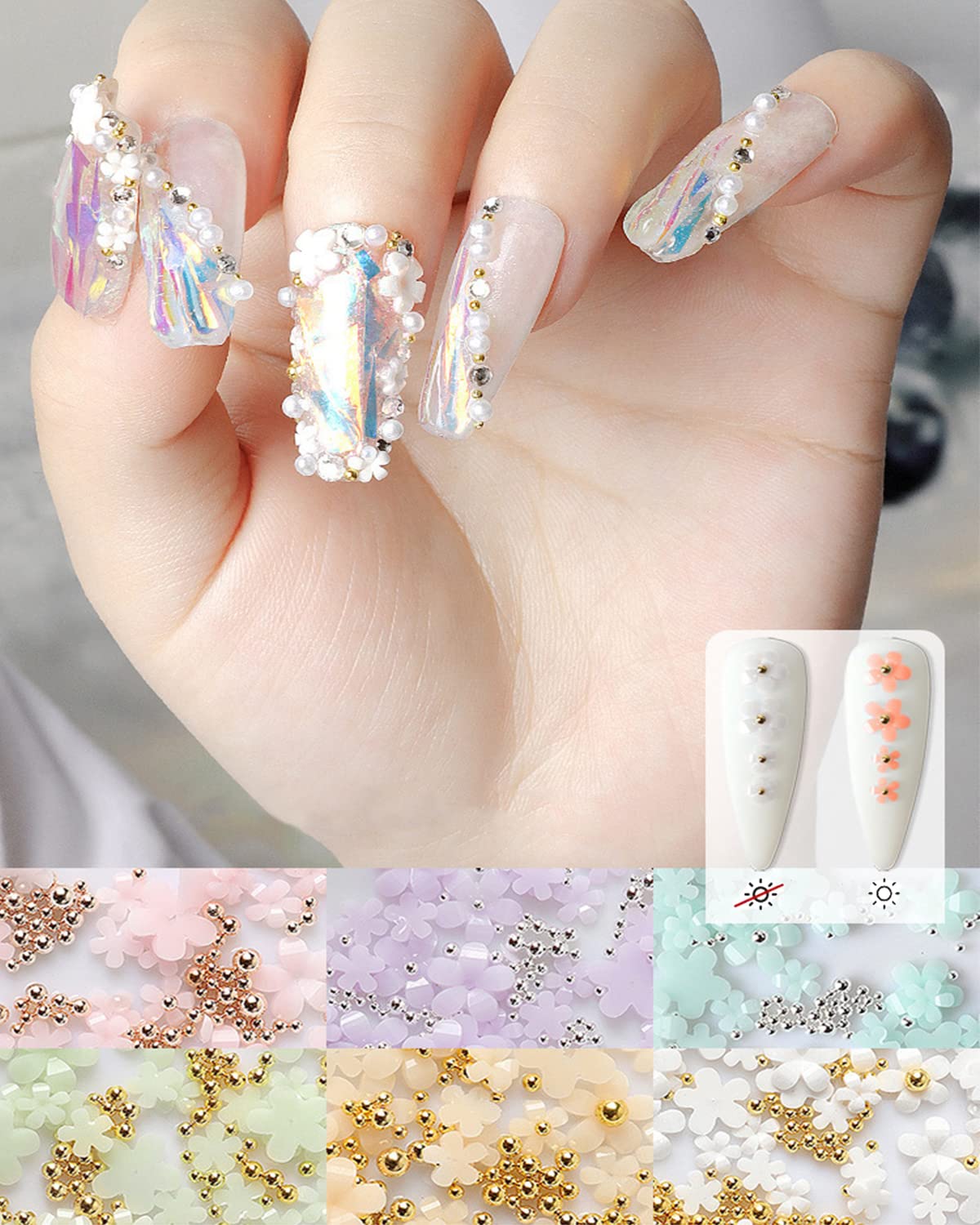 3D Flower Nail Art Charms, 6 Grids 3D Acrylic Nail Flowers Rhinestone Light Change Pink White Blue Cherry Blossom Acrylic Spring Nail Art Supplies Beauty & Personal Care Qdsuh