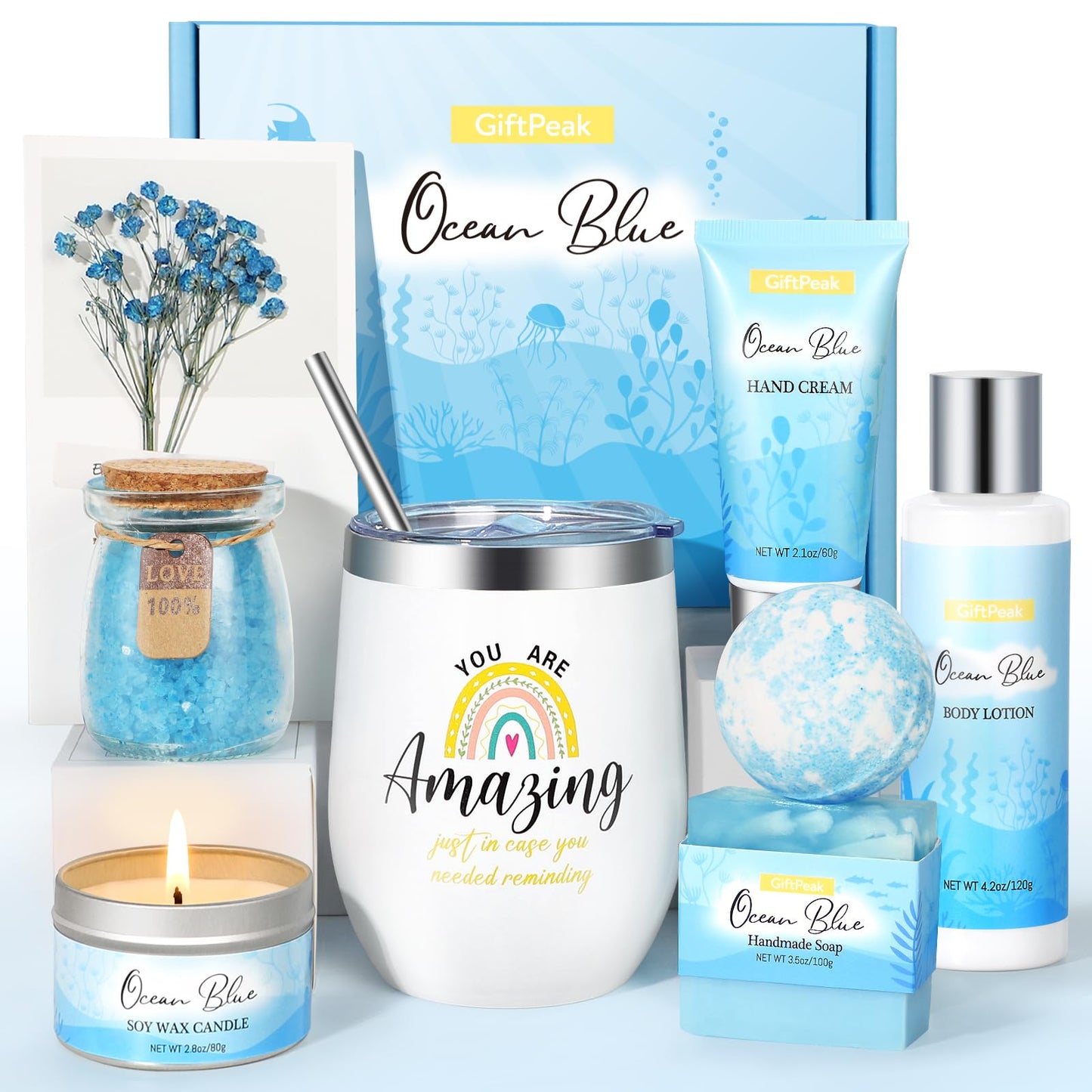Birthday Gifts for Women, Ocean Scented Relaxing Spa Gift Baskets for Women Mom Her Wife Sister Friends Coworker Employee, Self Care Bath and Body Beauty and Personal Care GiftPeak