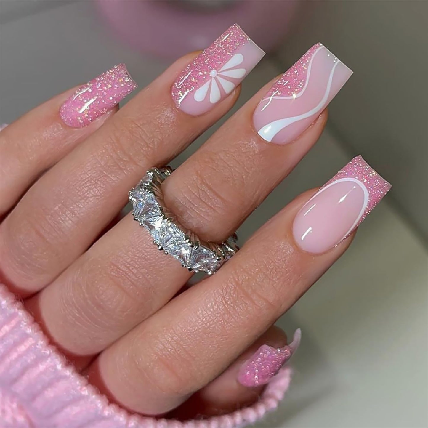 Square Press on Nails Medium Hot Pink Fake Nails Glitter Flower with line Design Pink French Tip False Nails Stick on Nails Full Cover Artificial Glue Beauty and Personal Care DZPGUONIZ