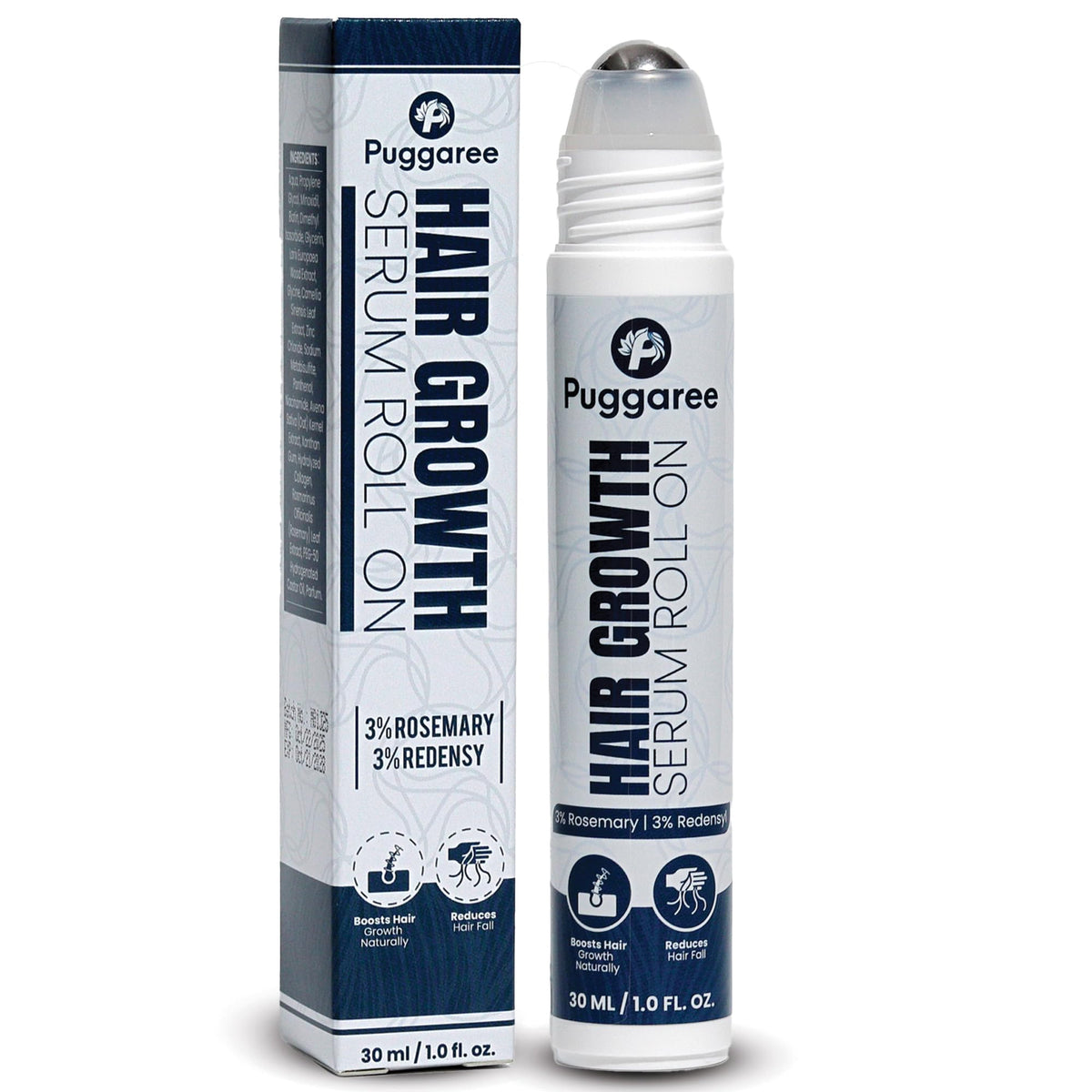 Puggaree Redensyl Hair Growth Serum Roll On - 3% Rosemary, 3% Redensyl, DHT-Blocking Scalp Serum for Thicker, Fuller Hair - For Women & Men (30 ml)