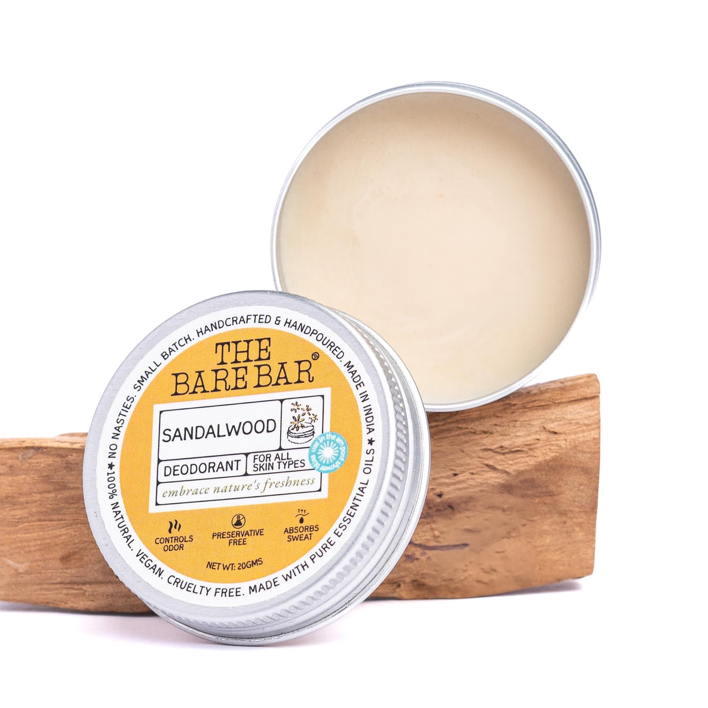 The Bare Bar Sandalwood Deodorant - 20 gm - Woody floral Fragrance - Odor & Sweat Control - Gentle, Natural formula and Chemical free - Travel Mini Beauty and Personal Care The Bare Bar