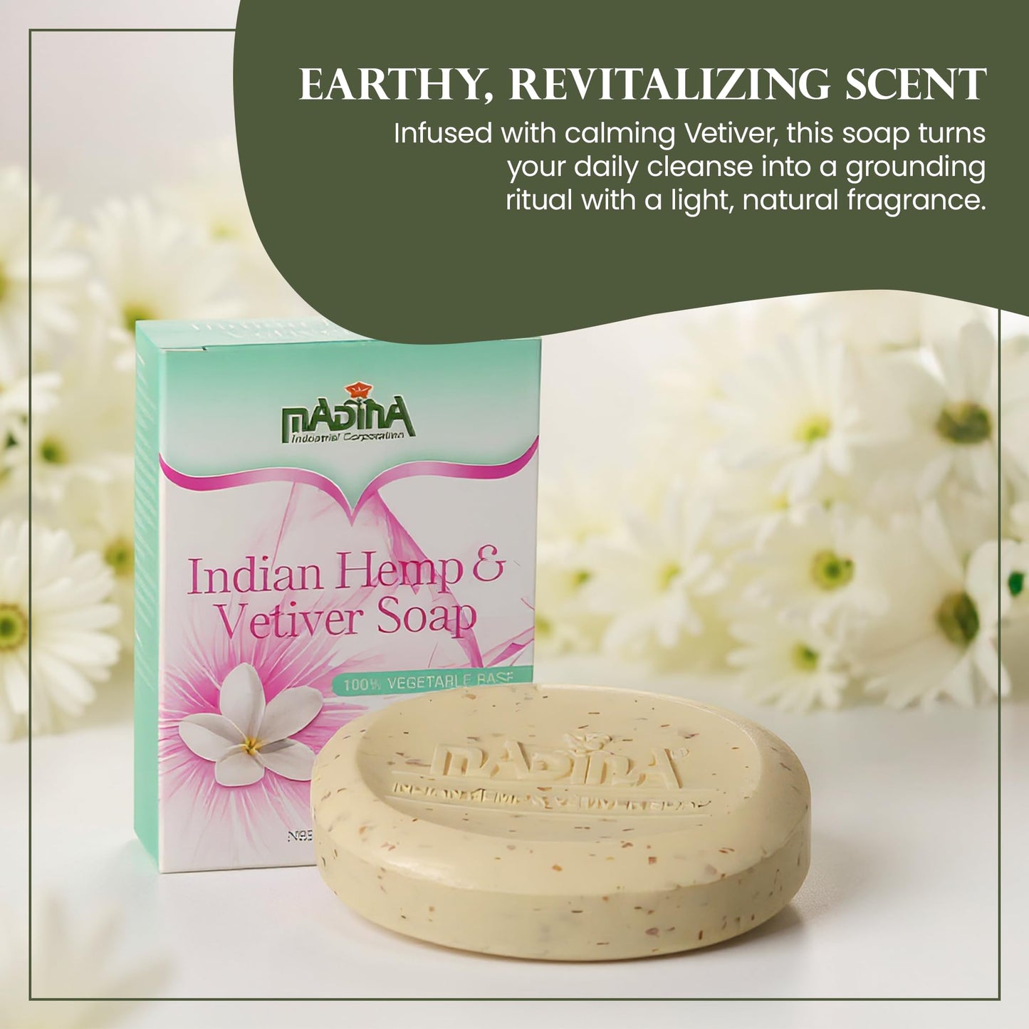 Madina Indian Hemp Vetiver Soap Bar - Moisturizing, Nourishing, Shea Butter, Oat, Wheat Bran, Gentle Cleanser, 100% Vegetable-Based, For All Skin Beauty & Personal Care Madina