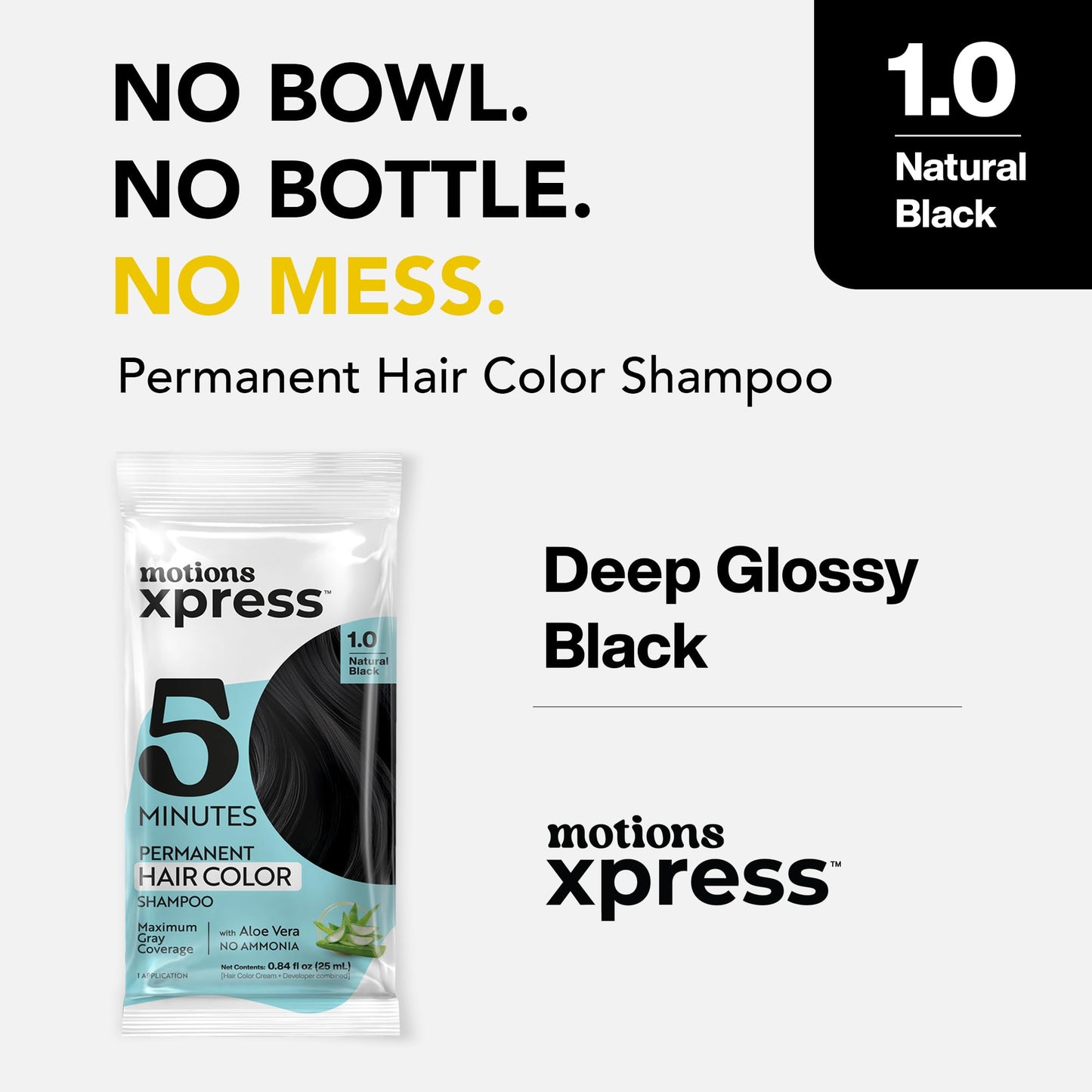 Motions Xpress Permanent Hair Color Shampoo Natural Black - 5 Minute Color, Gray Coverage, Ammonia Free, Deep Shine Hair Dye Shampoo, 0.84 Oz Beauty & Personal Care Motions