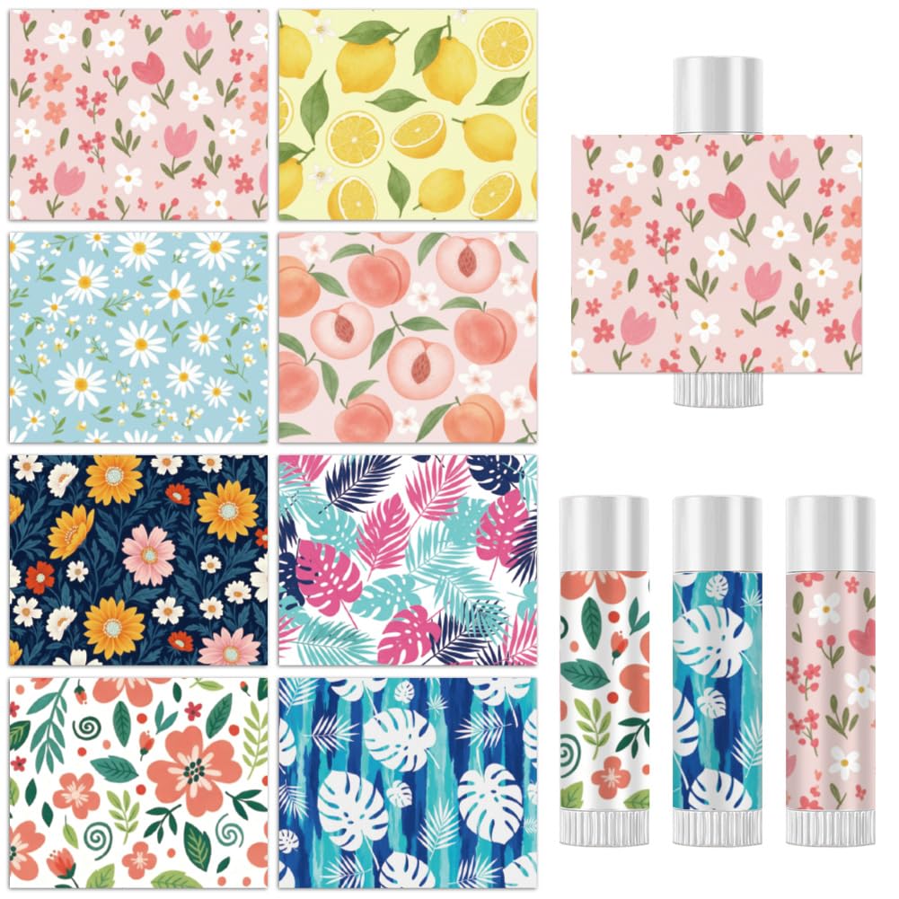 Peacoblue 160Pcs Lip Balm Labels Sticker for Tubes 2.1"x1.7" Solid Floral Fruit Pattern, 8 Styles Waterproof Chapstick Labels Glossy for Homemade Lip Beauty and Personal Care peacoblue