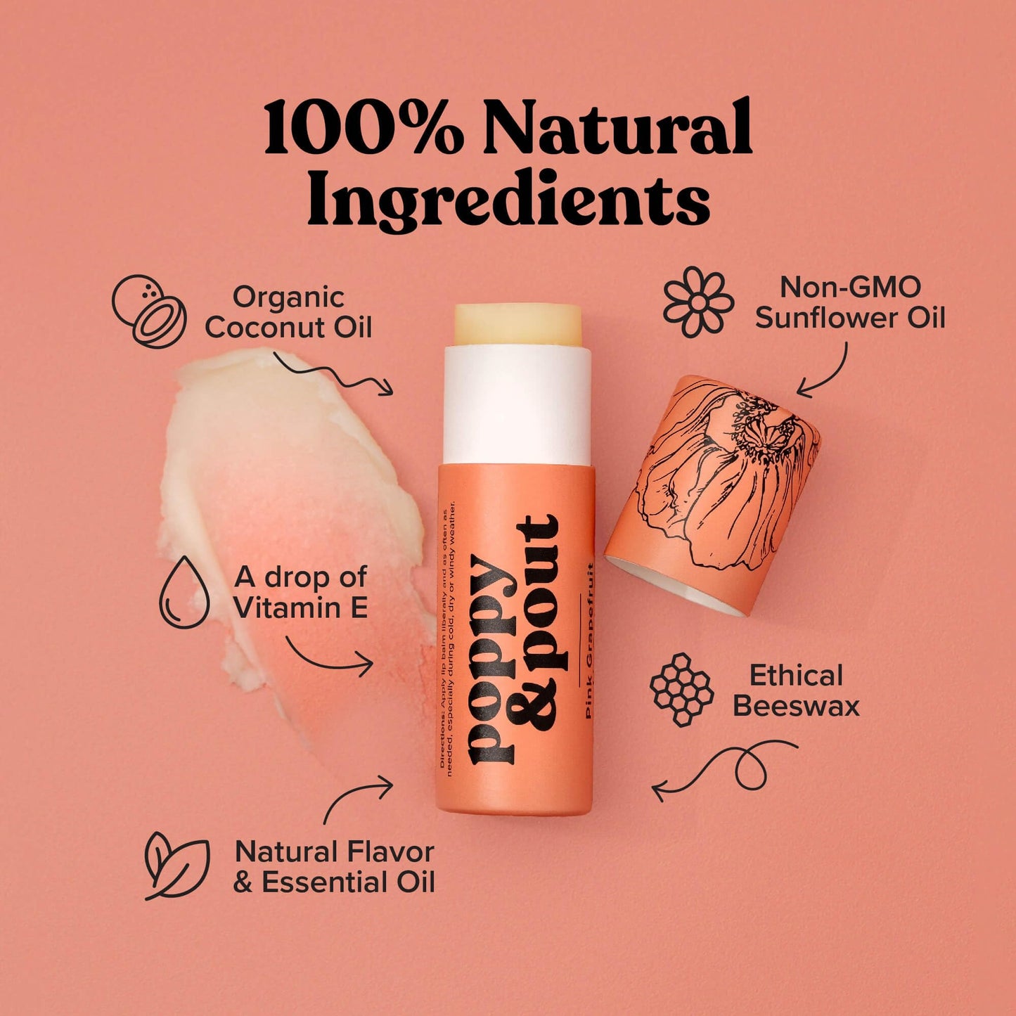 Poppy & Pout Pink Grapefruit Jumbo Lip Balm | All Natural Lip Balms & Moisturizers | Hydrates with Beeswax, Vitamin E, Organic Coconut Oil | Beauty & Personal Care Poppy & Pout
