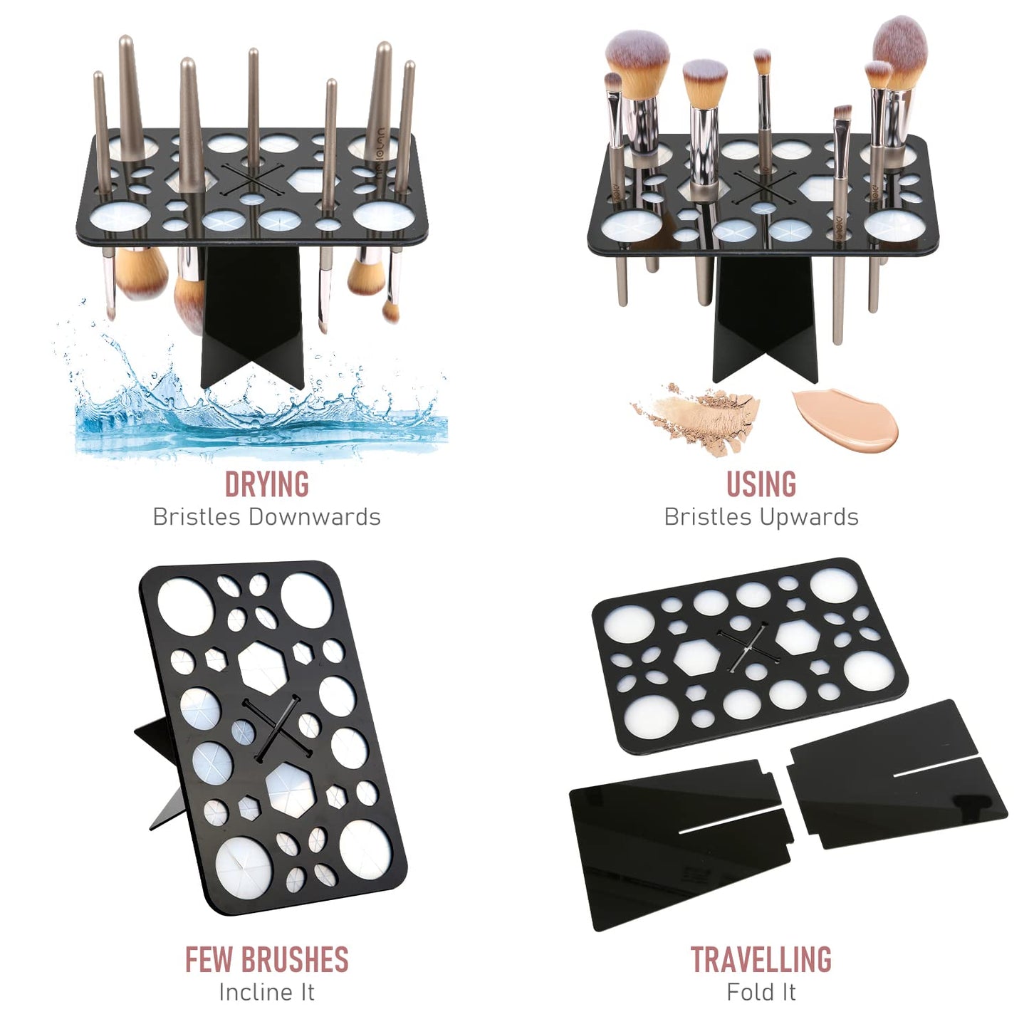 Diolan Makeup Brush Cleaning Mat & Drying Rack - 28 Holes Brush Holder, Silicone Rubber Clover Shaped Mat Cleaner - Black & Pink Beauty & Personal Care Diolan