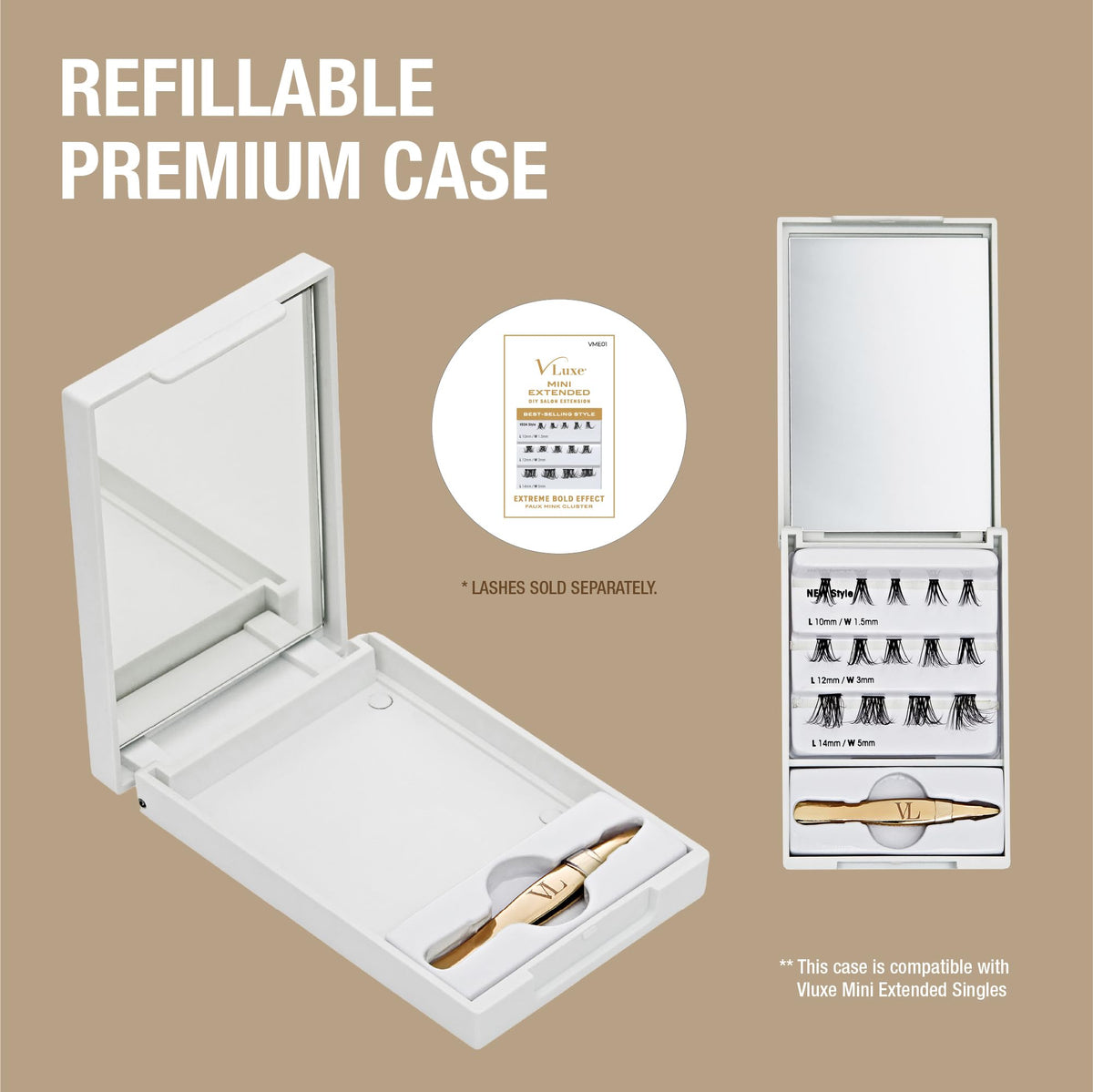 VLuxe Mini Lash Palette with Mirror & Tweezer Applicator, Luxury Lash Cluster Organizer Holder for Eyelash Extension & Fake Lash, Travel Storage Case