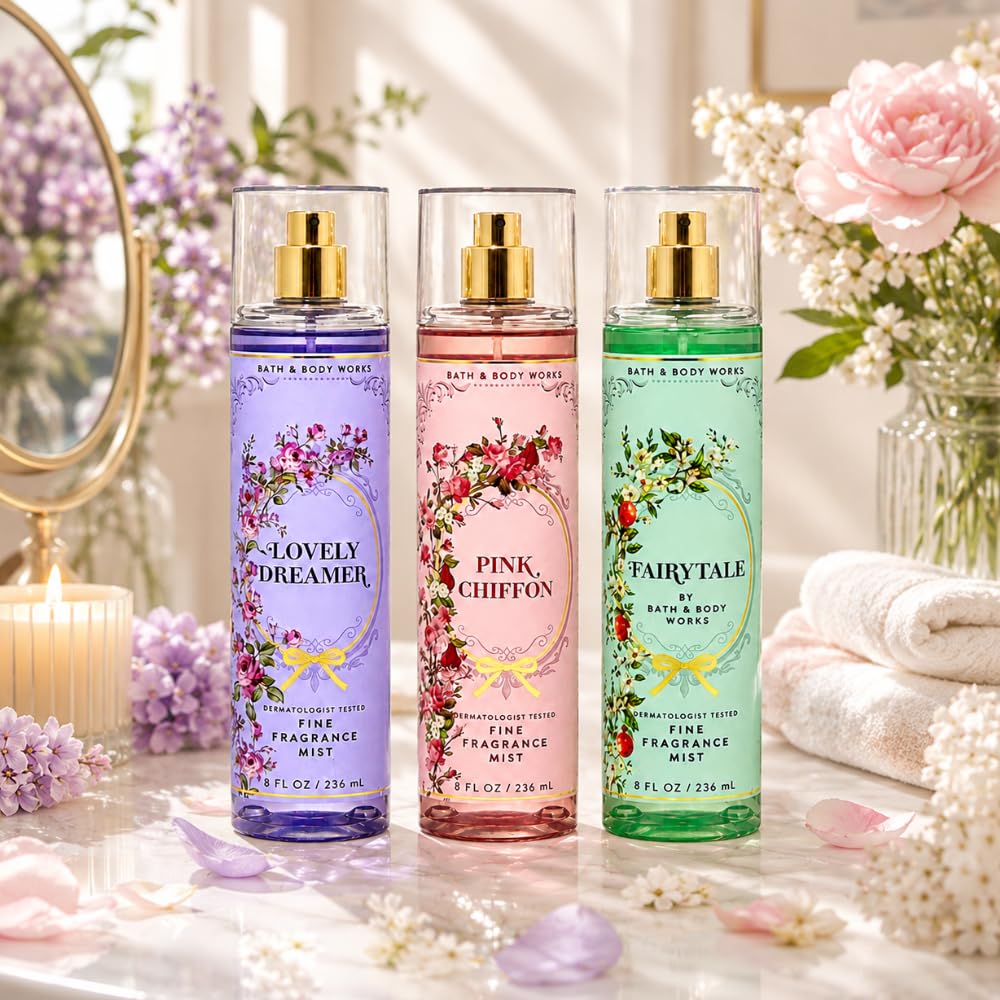 Bath & Body Works Fine Fragrance Mist 3-Piece Bundle - LOVELY DREAMER, PINK CHIFFON & FAIRYTALE - Women's Body Spray Gift Set, 8 fl oz Each
