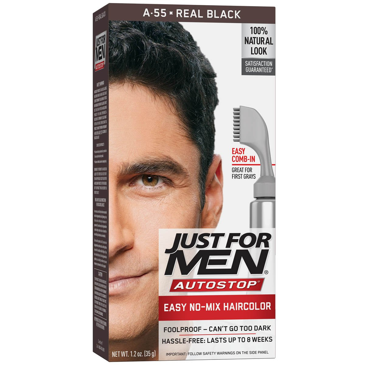 Just For Men Easy Comb-In Color Mens Hair Dye, Easy No Mix Application with Comb Applicator - Real Black, A-55, Pack of 1