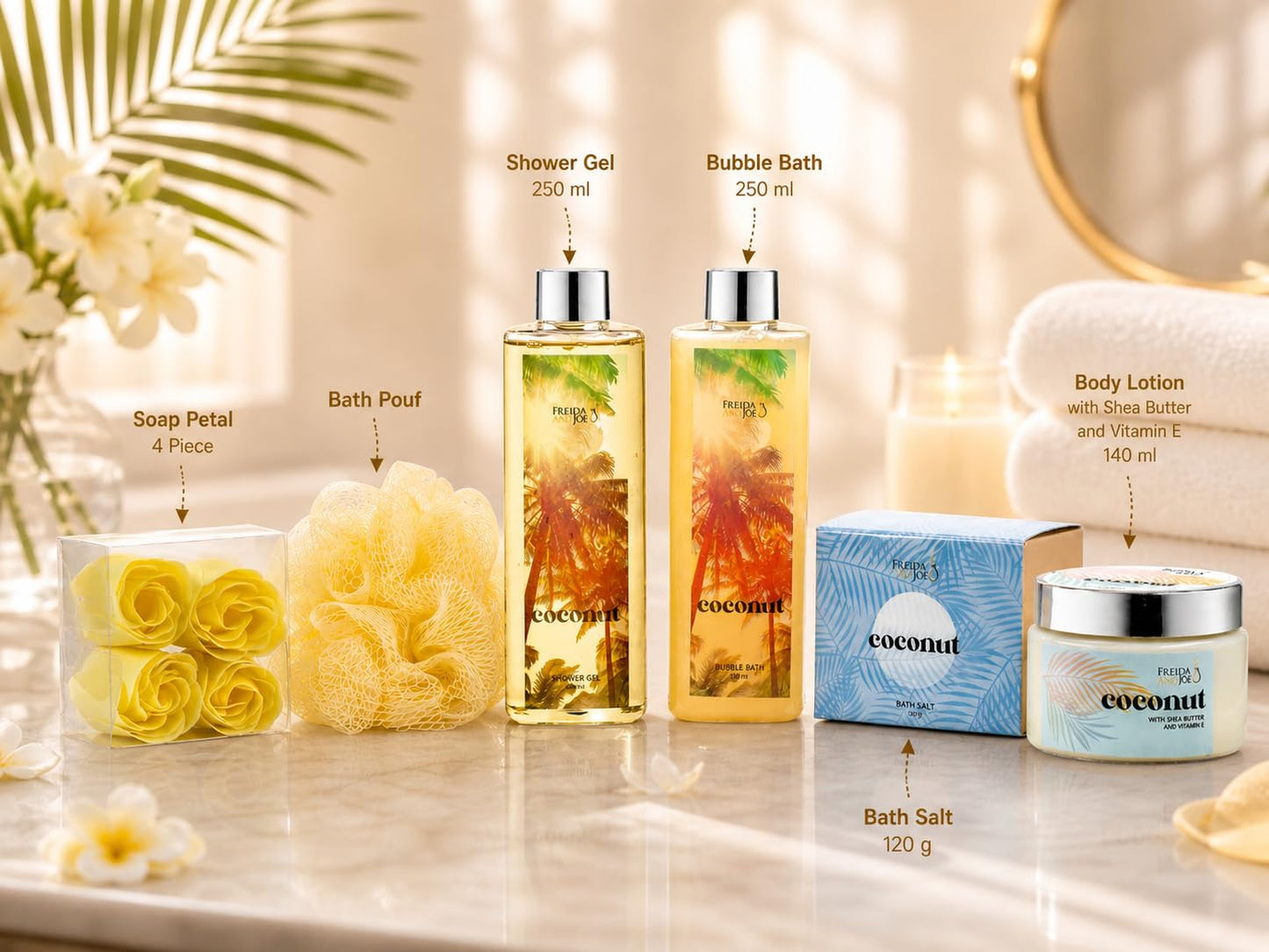 Coconut Spa Gift Basket for Women - Luxury Bath & Body Gift Set with Shower Gel, Bubble Bath, Body Lotion, Bath Salts & Rose Soaps - Mother’s Day Self Beauty and Personal Care Freida and Joe