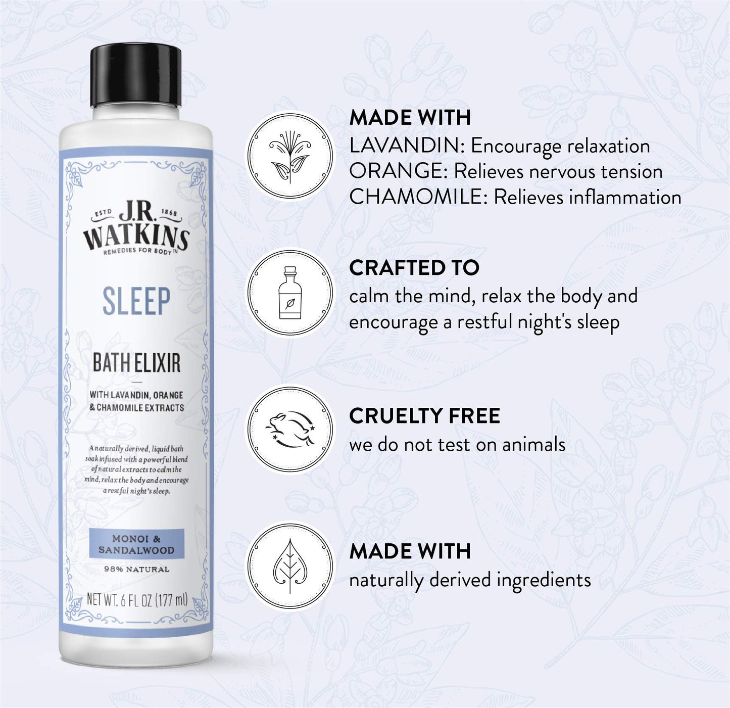 J.R. Watkins Sleep Bath Elixir, Liquid Bath Soak, Monoi & Sandalwood with Natural Extracts, No Salt, No Residue, 6 oz Beauty and Personal Care J.R. Watkins