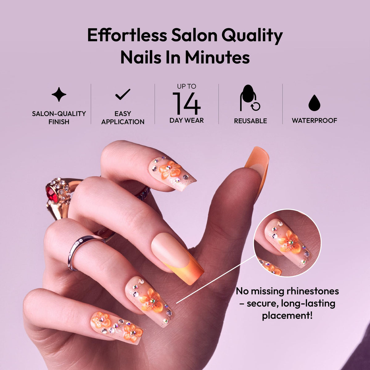 Glitzy 3D Handmade Press On Nail Kit, Rhinestone Gem Gradient French Tip Long Square False Nail, Reusable & Lasts Up To 2 Weeks, Seamless Snug Fit