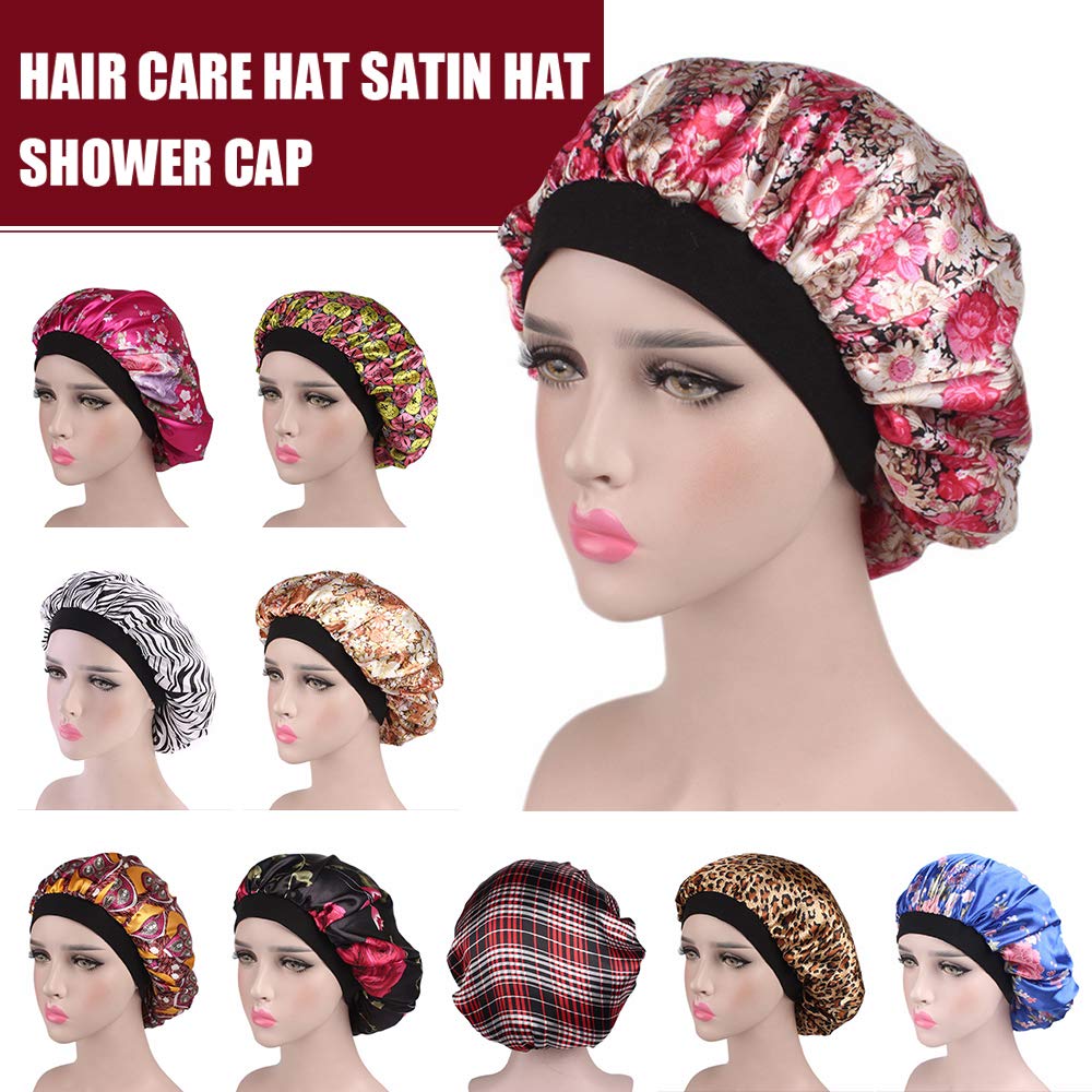Tvoip 1Pcs Hair Satin Bonnet For Sleeping Shower Cap Silk Bonnet Bonnet Femme Women Night Sleep Cap Head Cover Wide Elastic Band (Leopard) Beauty and Personal Care Tvoip