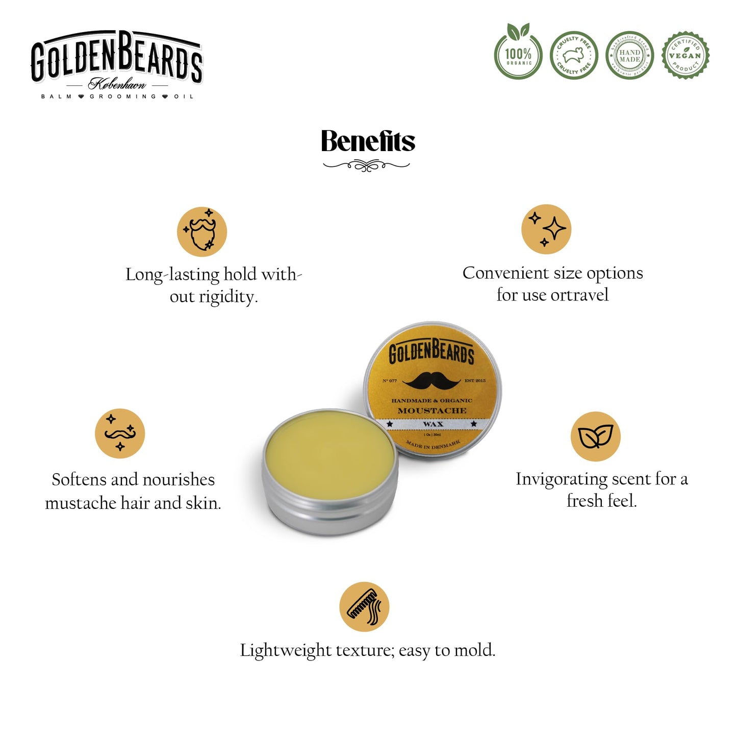 Golden Beards Mustache Wax - Organic & Natural Medium Hold Styling Wax for Men, Nourishing Beeswax & Oils, Handmade in Denmark 30ml (1oz) Beauty and Personal Care Golden Beards Kobenhavn BALM GROOMING OIL