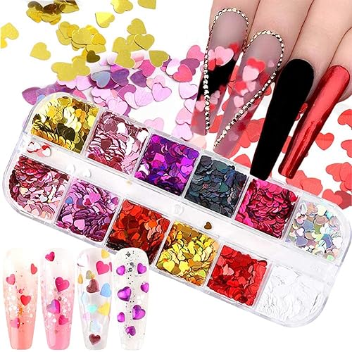 12 Colors Heart Holographic Nail Glitter Sequin Accessories Colorful 3D Heart Nail Flakes Powder UV Gel Polish Acrylic Design for Women Girls Manicure Beauty & Personal Care TBRZTR