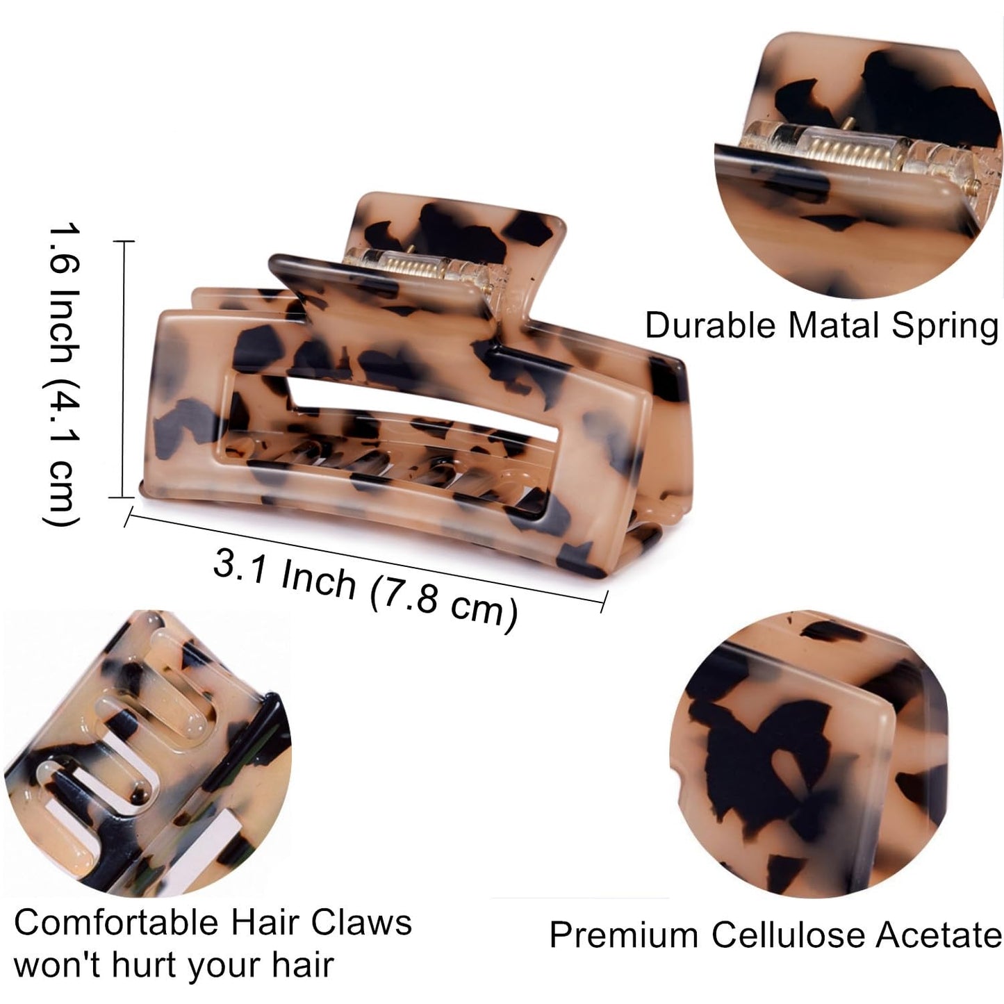 3 inch Hair Claw Clips Cutout Tortoise Shell Celluloid Hair Jaw Clips French Design Rectangle Hair Clamp for Women Ladies Mother (2 Pack) Beauty & Personal Care Textention