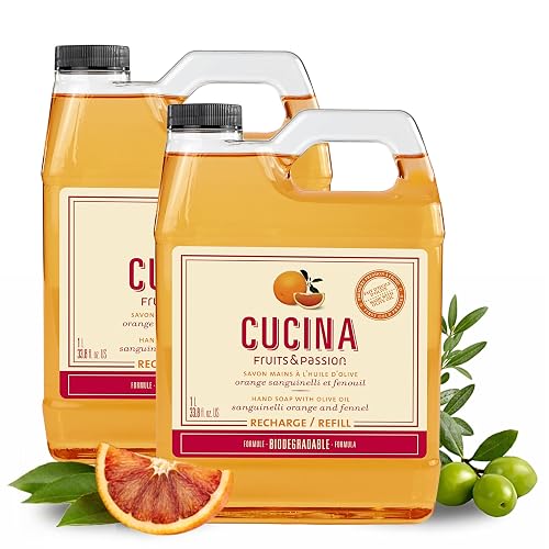 Cucina Fruits & Passion Sanguinelli Orange & Fennel Kitchen Hand Soap Refill, 1L Each - 2 Pack | Biodegradable, Cold-Pressed Olive Oil, Vegan, Made in Beauty & Personal Care Cucina