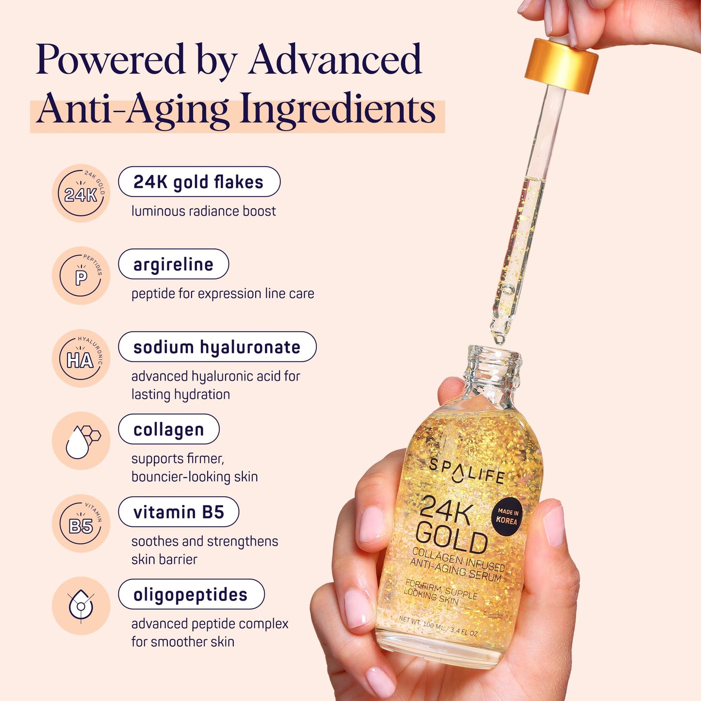 SpaLife Beauty 24k Gold Anti Aging Serum | Korean Deep Collagen Serum for Face with Real Gold Flakes | Hydrating & Firming Treatment for a Youthful Beauty & Personal Care SpaLife
