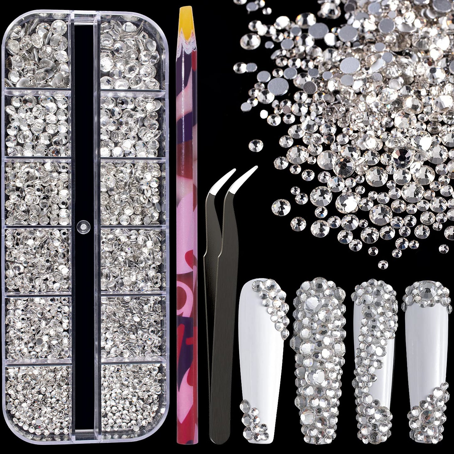6 Sizes Transparent White Silver Glass Crystal Kit with Pickup Pen + Tweezer Tools for Shine Nail Art Manicure Makeup DIY Decoration Flatback Round Beauty & Personal Care BELLEBOOST