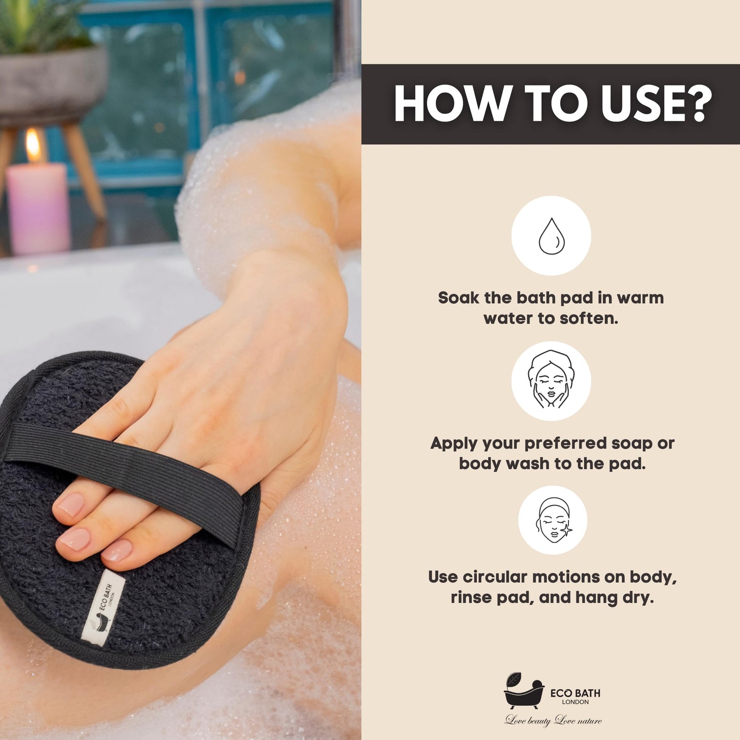 Eco Bath London Natural Sisal Hemp Bath Pad Black - Luxury Exfoliating Body Scrubber for Face and Body, Biodegradable Shower Sponge for Women and Men Beauty and Personal Care Eco Bath London