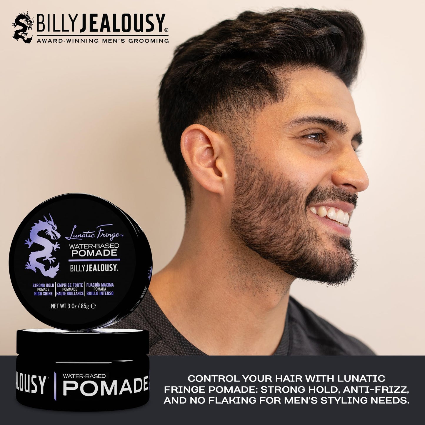 Billy Jealousy Lunatic Fringe Water-Based Pomade for Men, Strong Hold, High Shine, Water Soluble and Vegan Hair Product Ideal for Medium to Long Thick Beauty & Personal Care Billy Jealousy